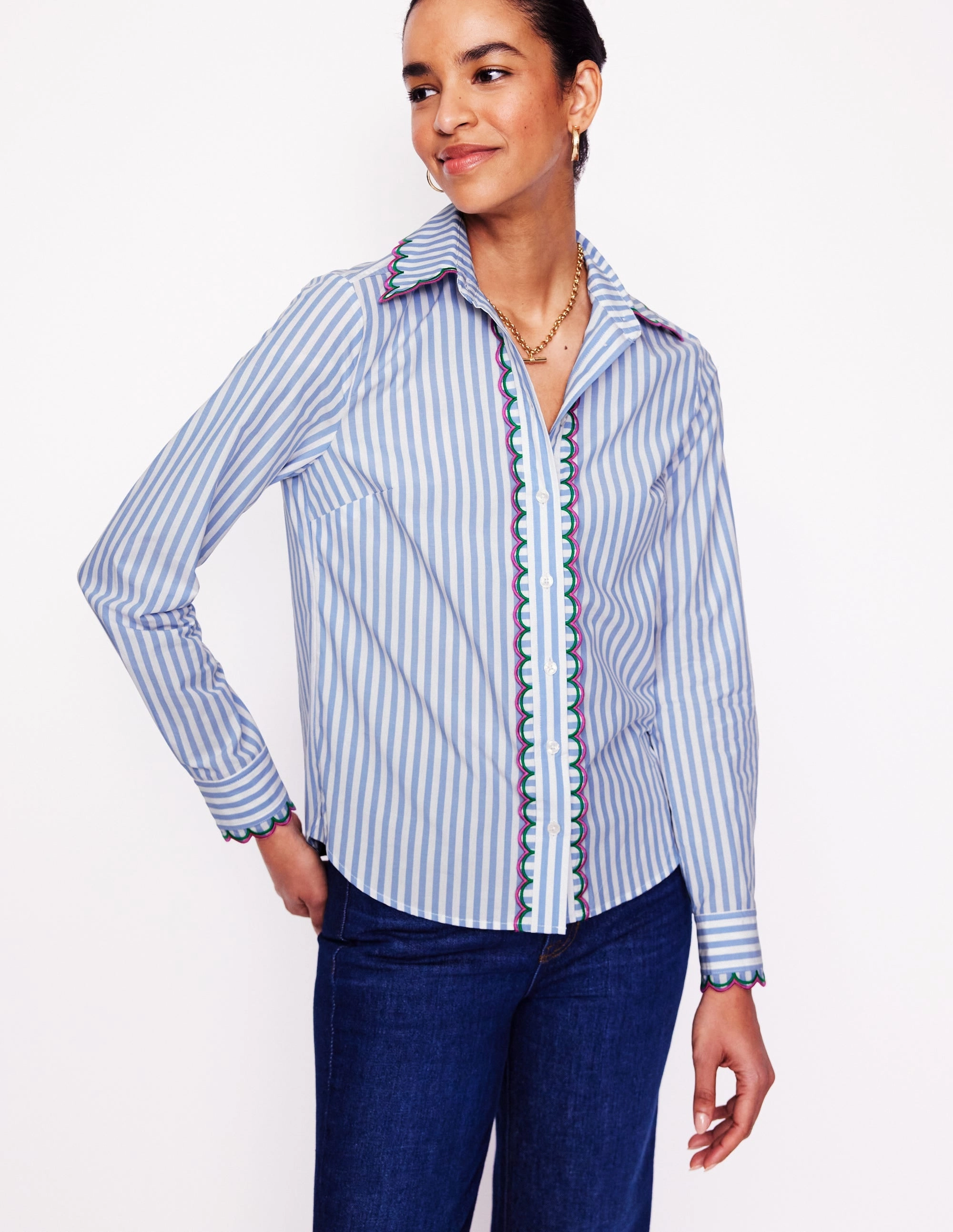 Sienna Interest Cotton Shirt-Multi, Blue and Ivory Stripe Odor Resistant Seamless construction