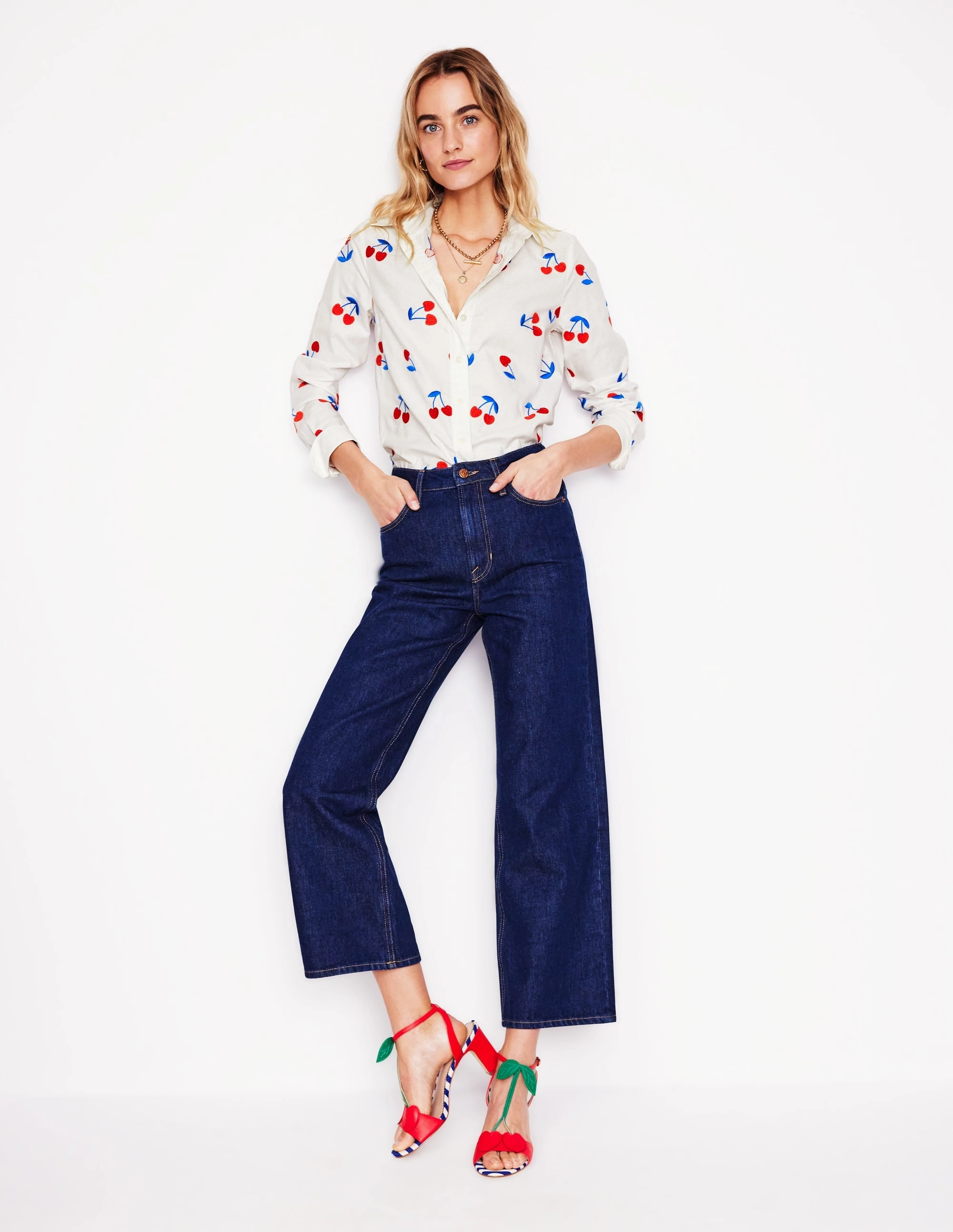 Ergonomic Cut Sienna Interest Cotton Shirt-White, Cherries