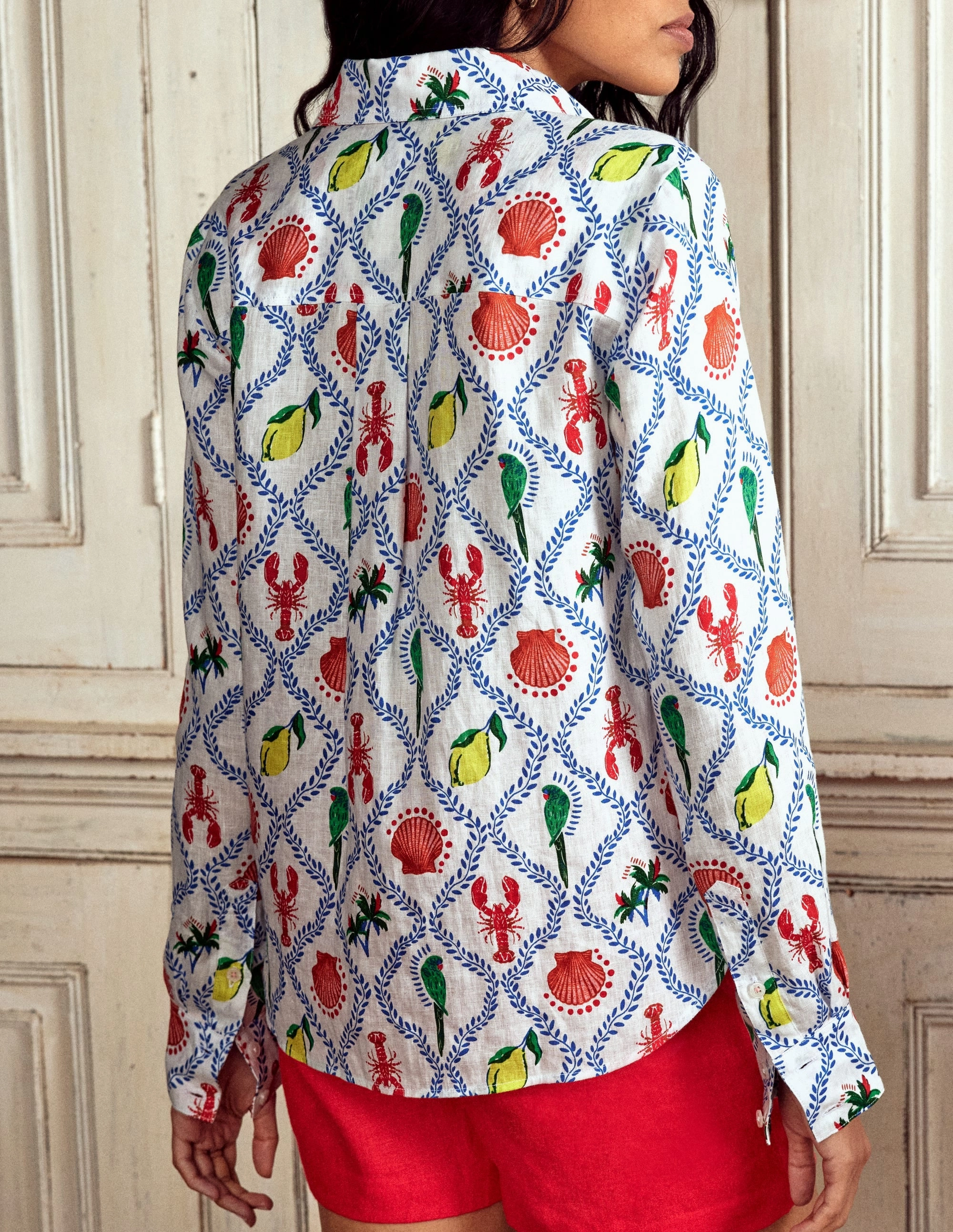 Sienna Linen Shirt-Ivory Tropical Bonanza Distressed Texture