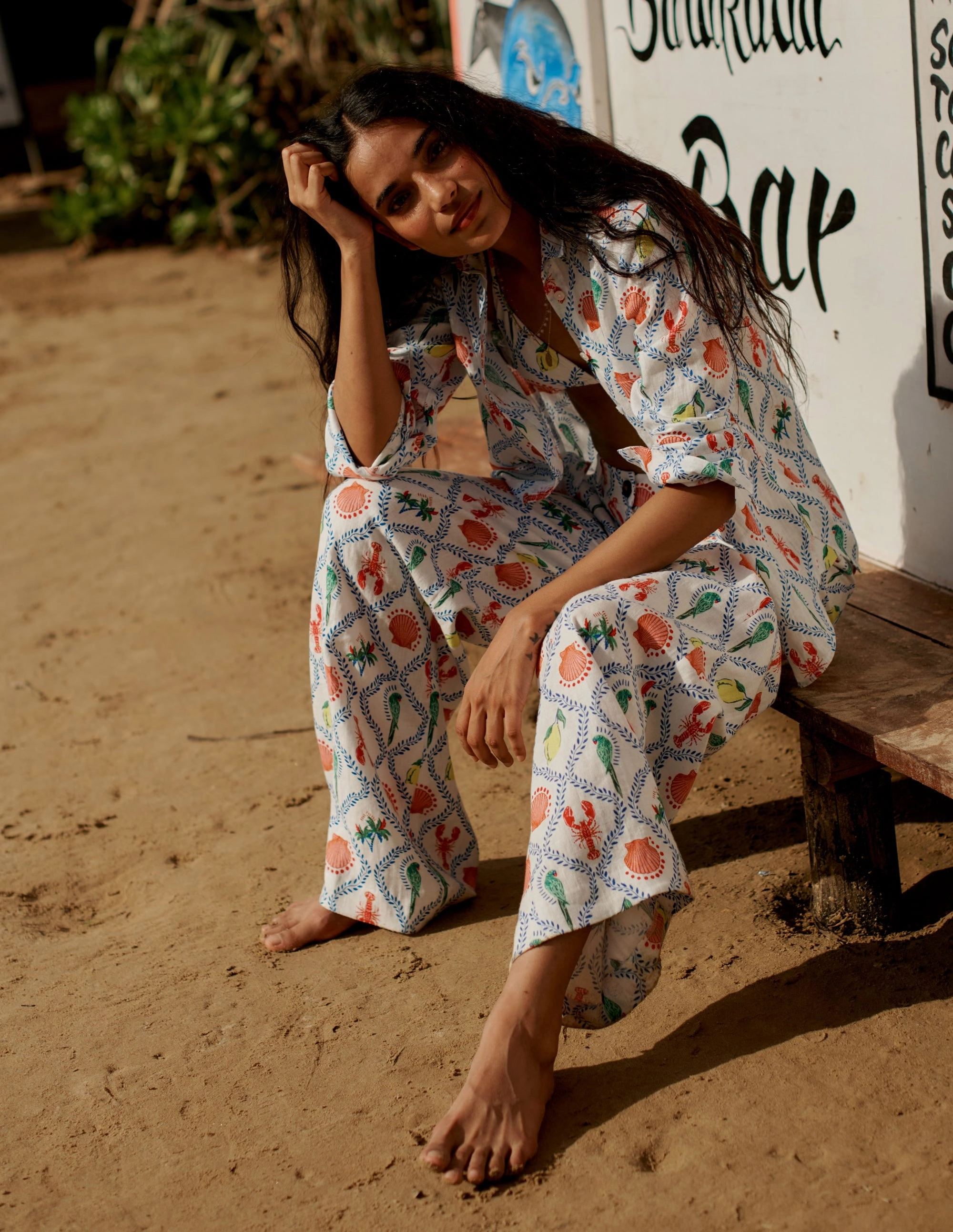 Double Needle Hemming Sienna Linen Shirt-Ivory Tropical Bonanza