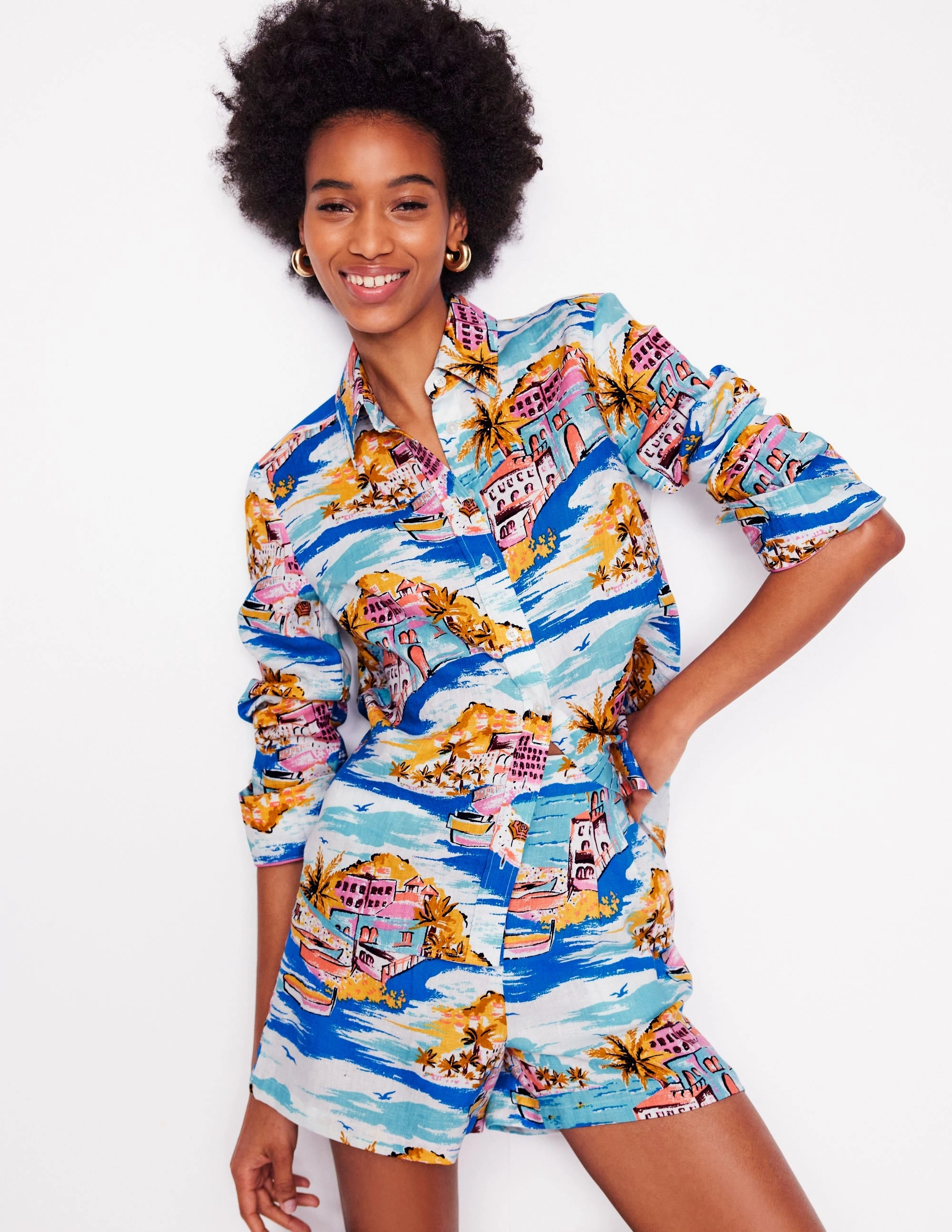 Stretch Weave Construction Sienna Linen Shirt-Multi, Paradise Bay