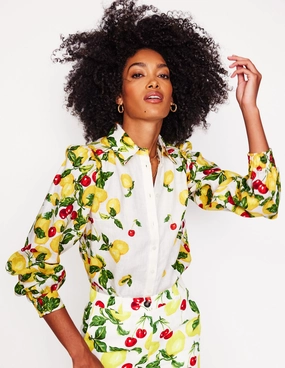 Seamless Knit Design Placement Print Linen Shirt-Ivory, Cherries and Lemons