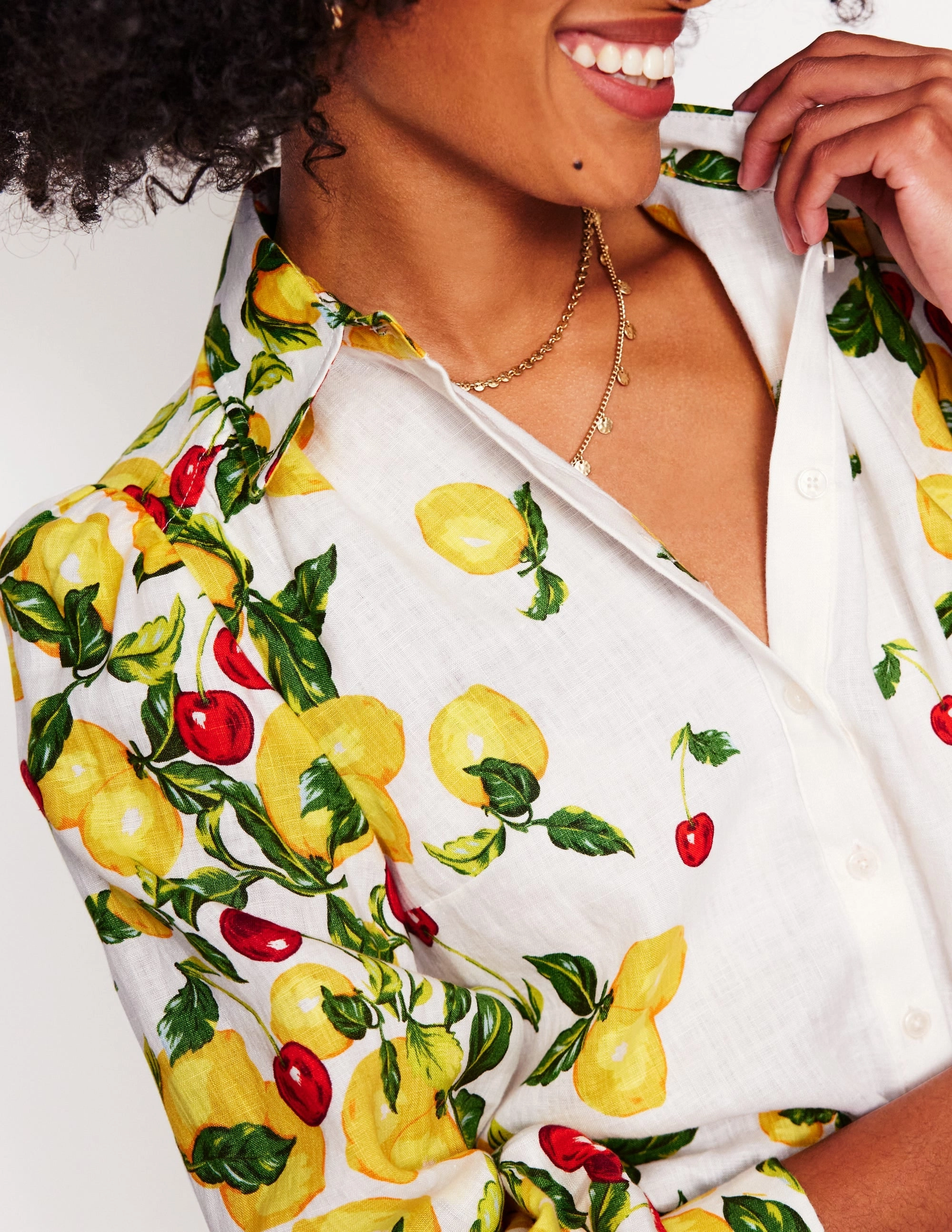 Versatile Layering Piece Placement Print Linen Shirt-Ivory, Cherries and Lemons