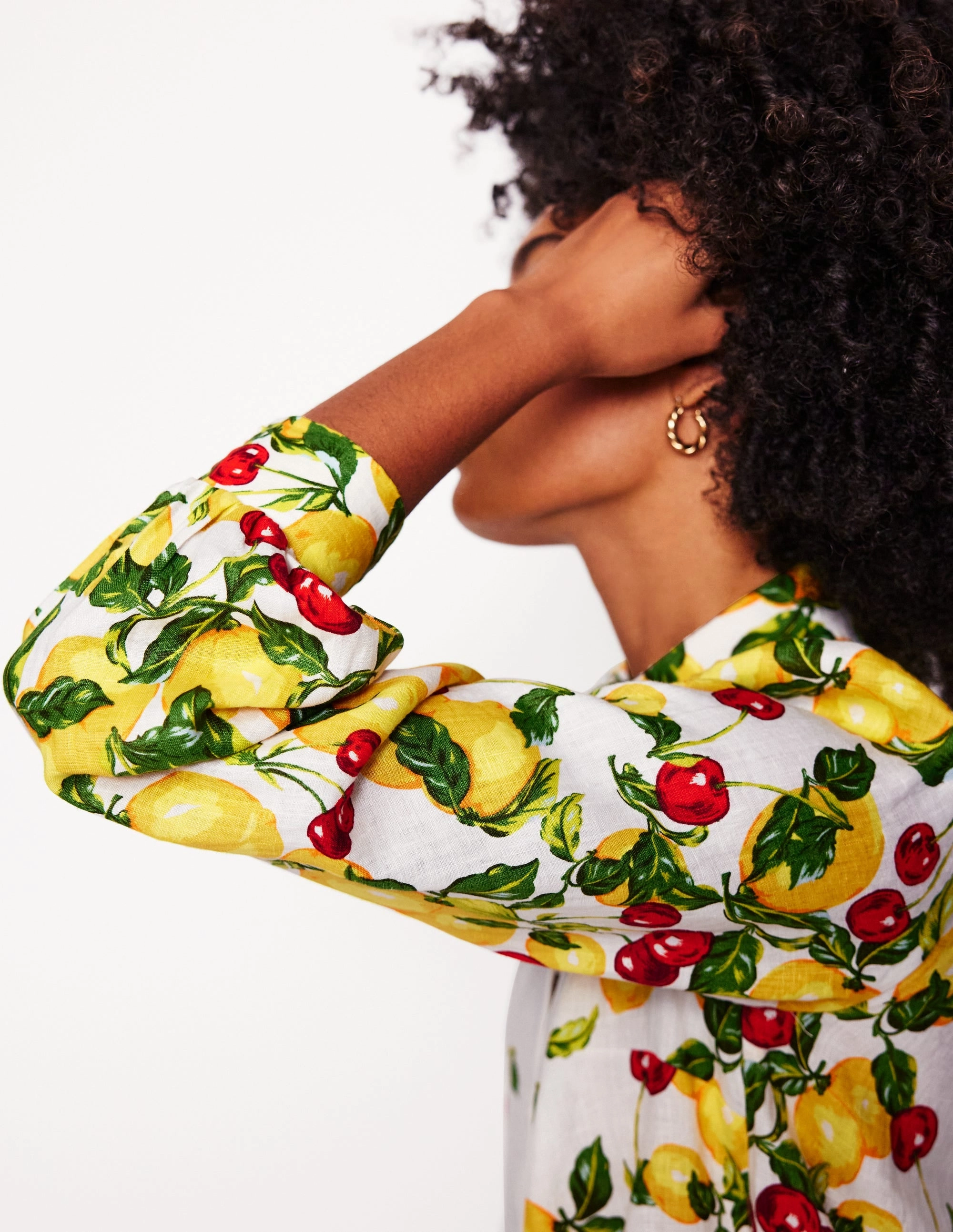 Placement Print Linen Shirt-Ivory, Cherries and Lemons High Neckline