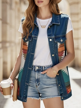 PATTERN BLOCK BUTTON DOWN CASUAL DENIM VEST Ventilated Mesh Panels