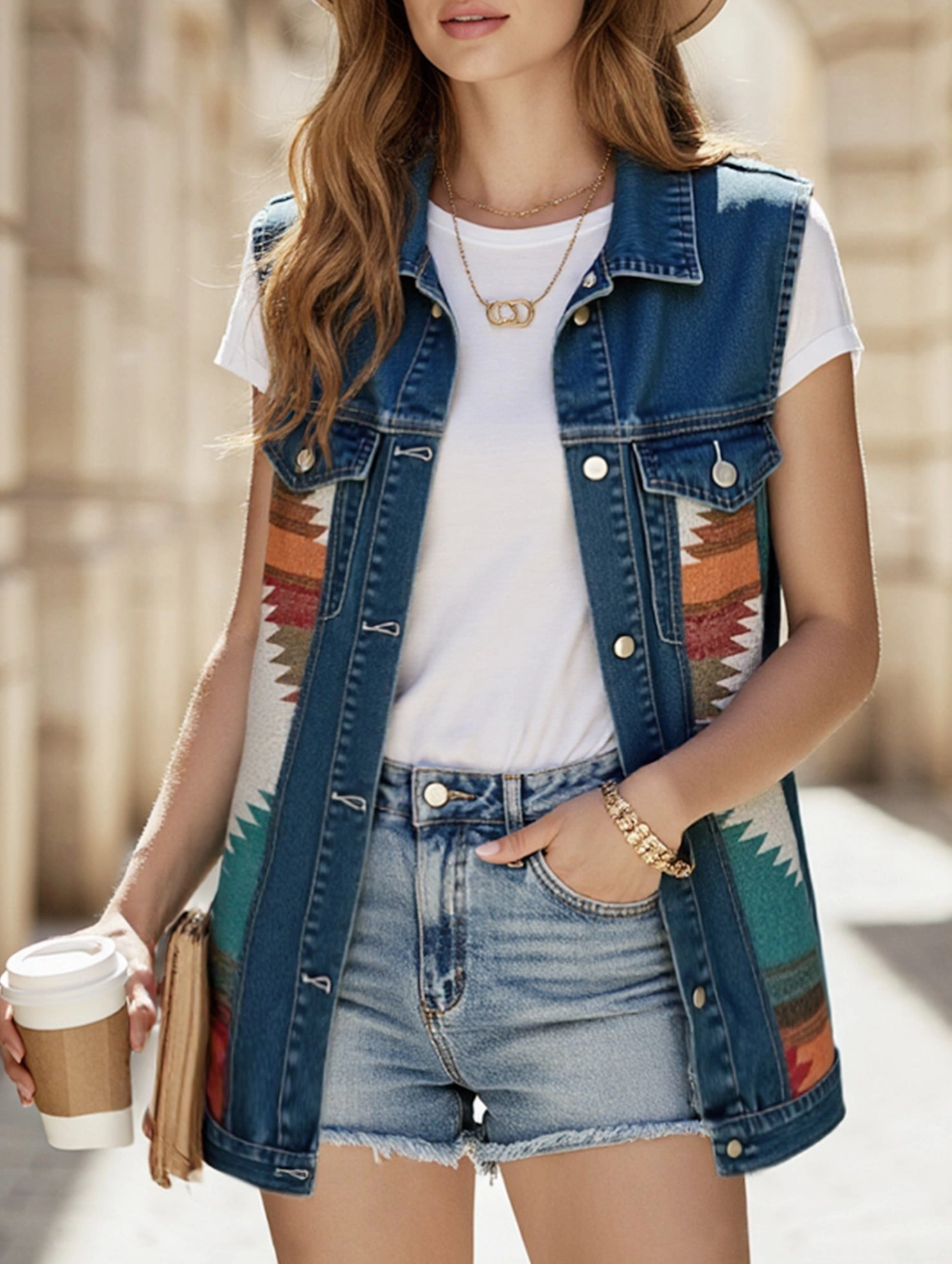 PATTERN BLOCK BUTTON DOWN CASUAL DENIM VEST Ventilated Mesh Panels