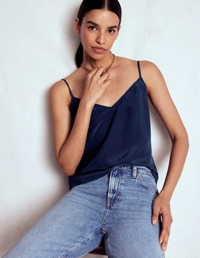 Double Needle Hemming Bonded Hemline Silk Cami-Navy