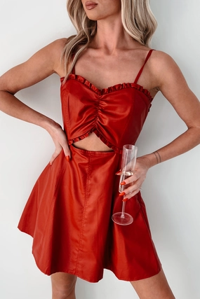 Simmering Looks Faux Leather Mini Dress (Red) Urban Fit