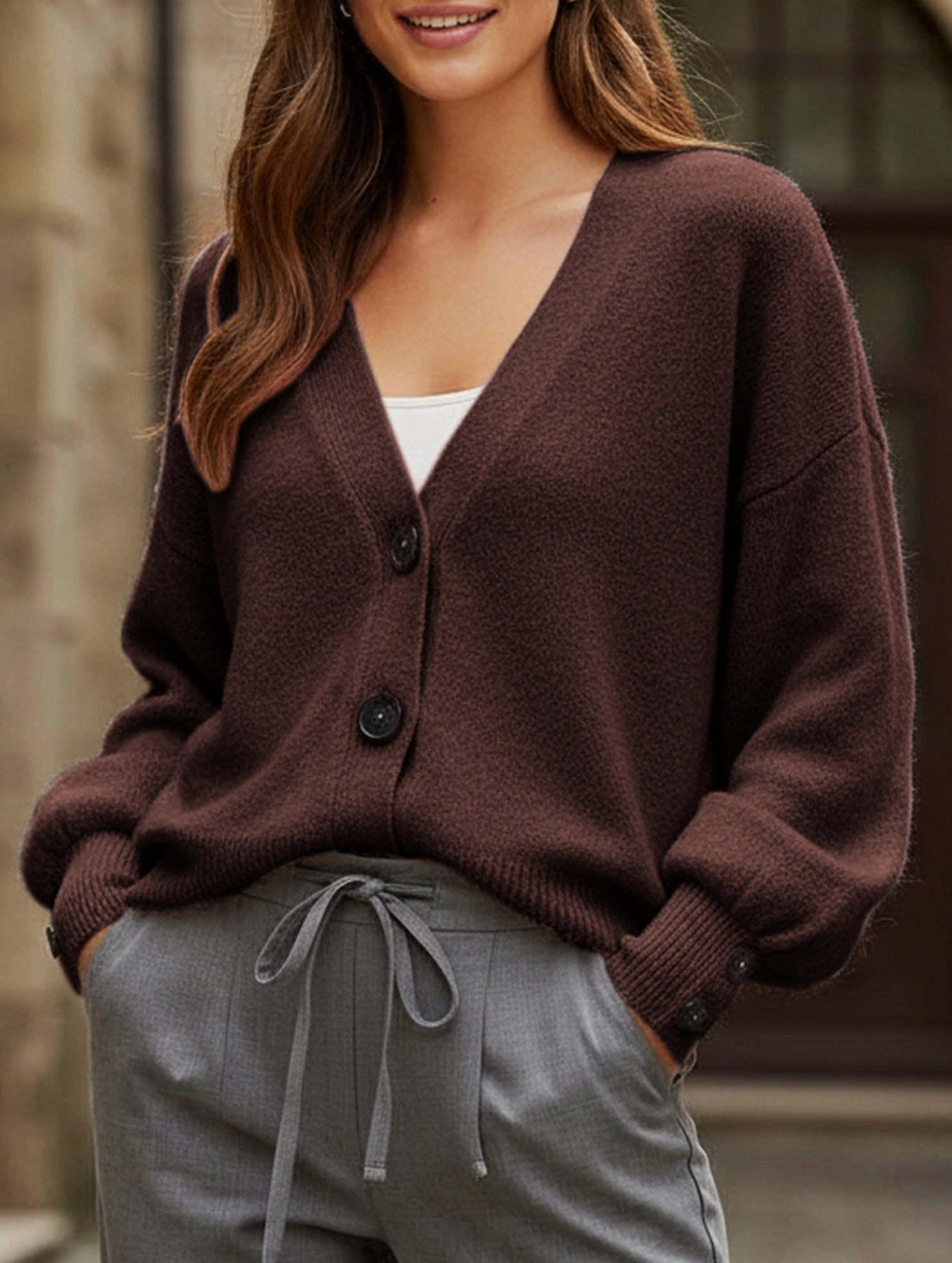 Simple button solid color long-sleeved sweater Layered Panel Construction
