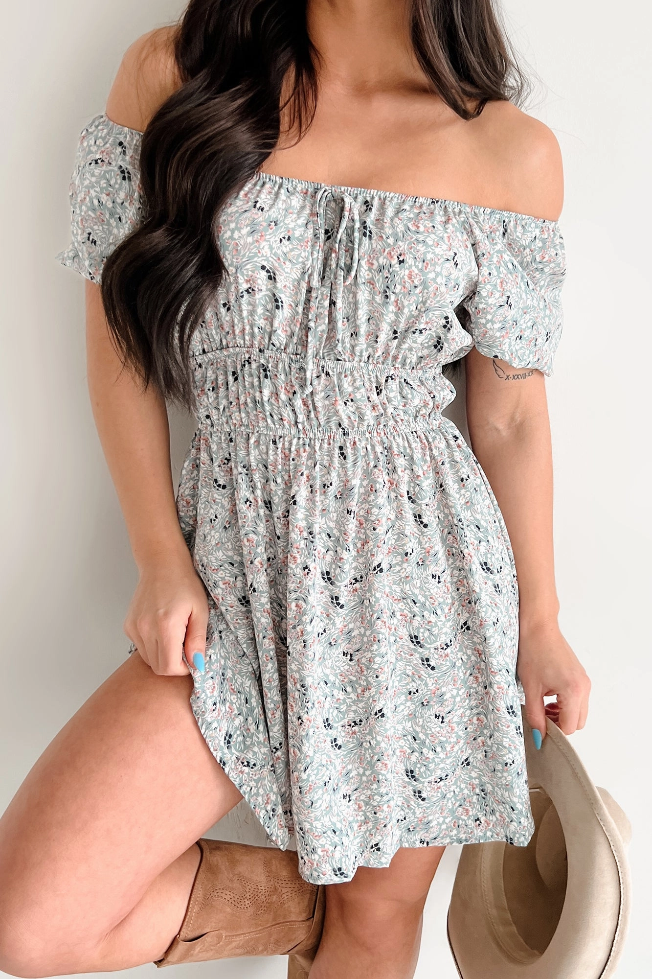 Edge Detail Wildflower Wish Puff Sleeve Floral Mini Dress (Sage/Multi)