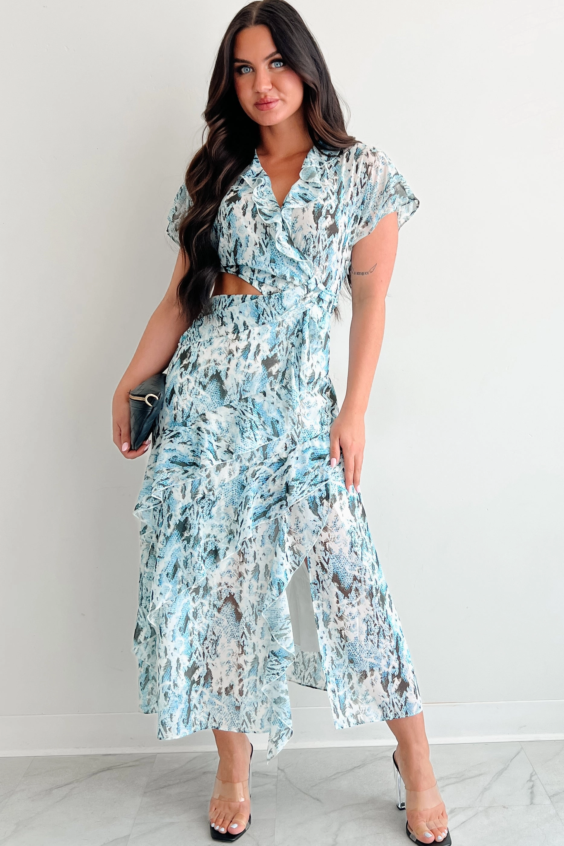 Heart Of Gold Printed Ruffle Maxi Dress (Blue) Versatile Style Wear