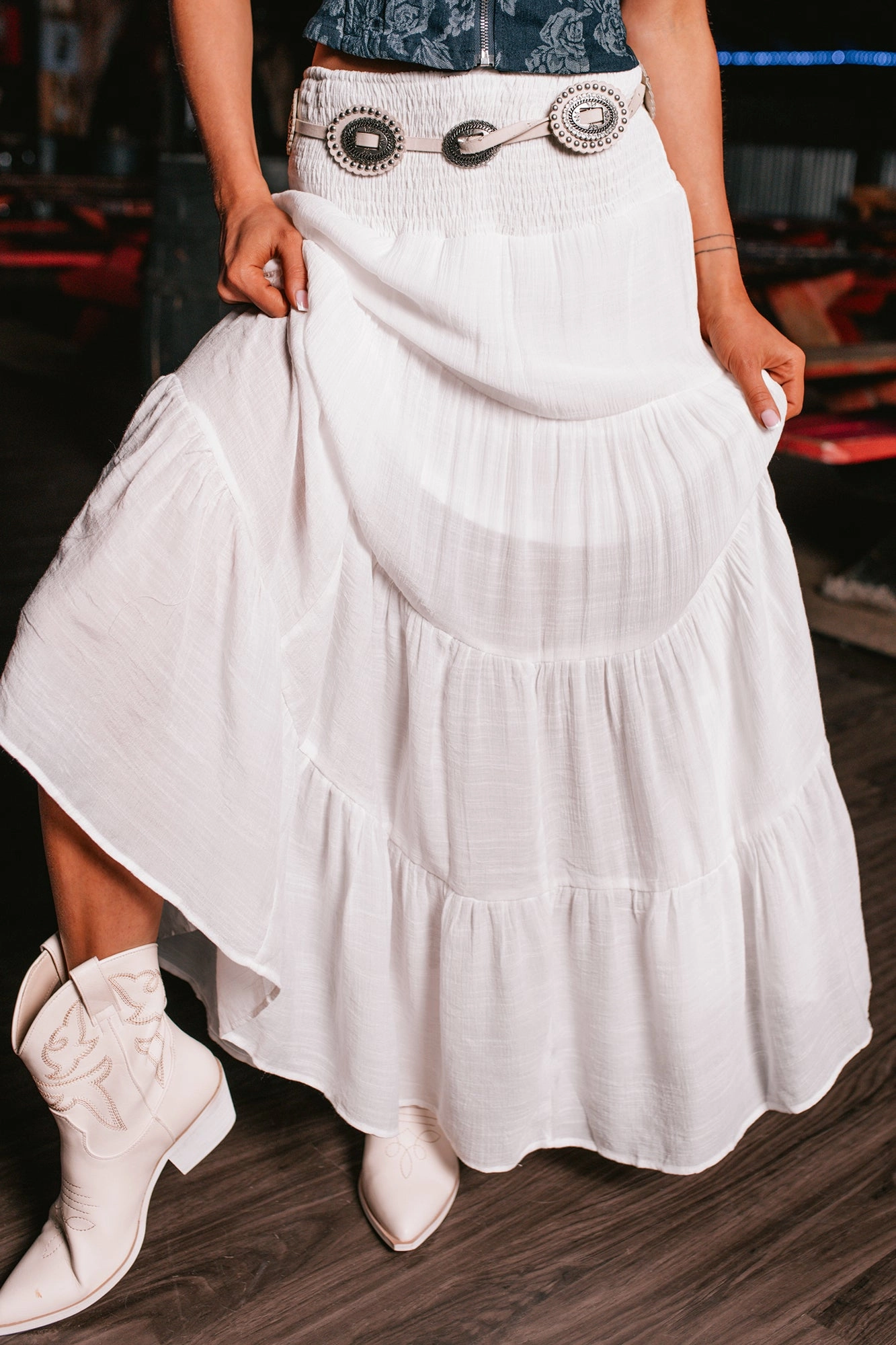 Durable Weave LightweightInsulation Simply Content Tiered Maxi Skirt (White)