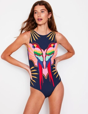 Slash Neck Tie Swimsuit-Navy Paradise Parrot Sun Escape Swimwear Fashion