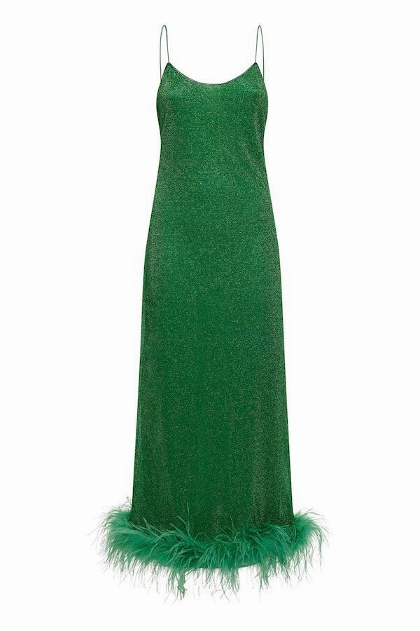Lumiere Plumage Slip Dress Emerald Green Smooth Surface Slit Detail