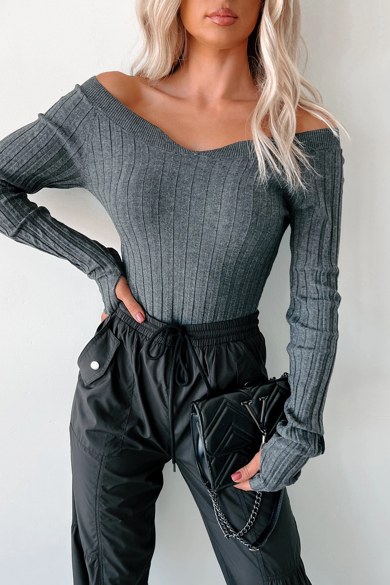 London Landscape Off Shoulder Bodysuit (Charcoal) premium fabric