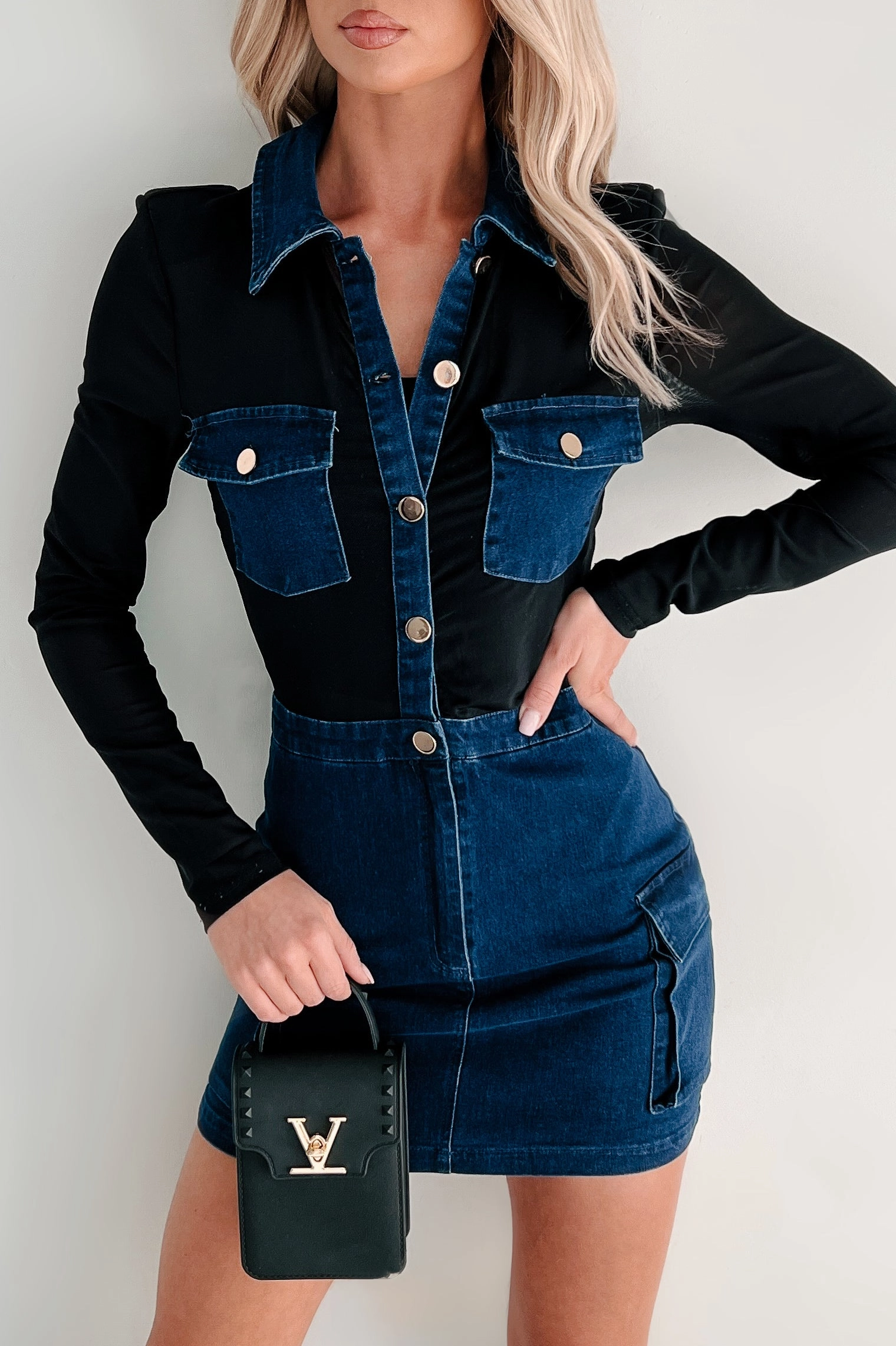 Pure Stitch Zip Ease Tailored To Perfection Mesh Denim Mini Dress (Denim Blue)