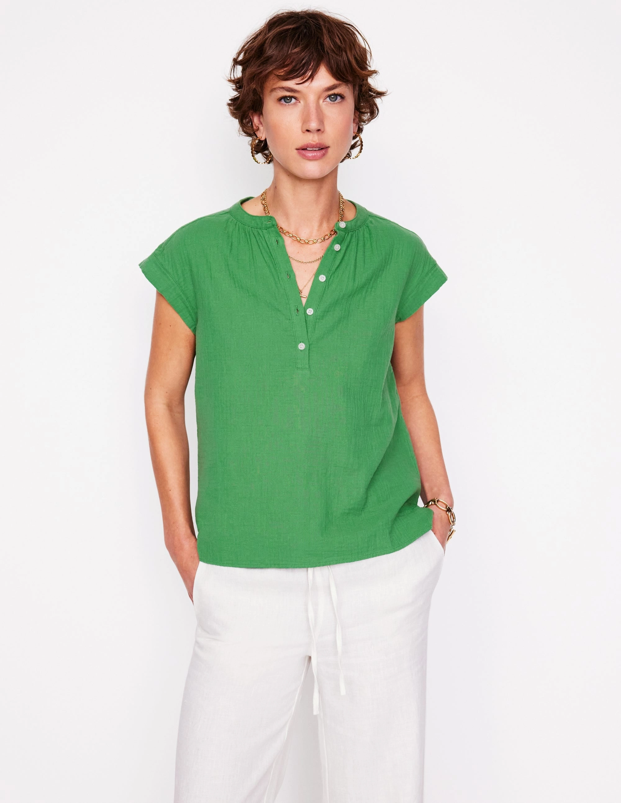 Sleeveless Double Cloth Top-Paradise Green HighNeckline
