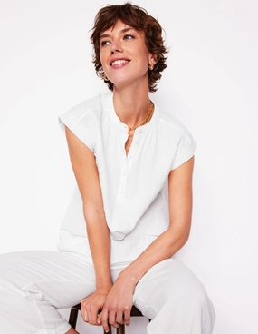 Sleeveless Double Cloth Top-White Hidden Zipper Interlock Weave