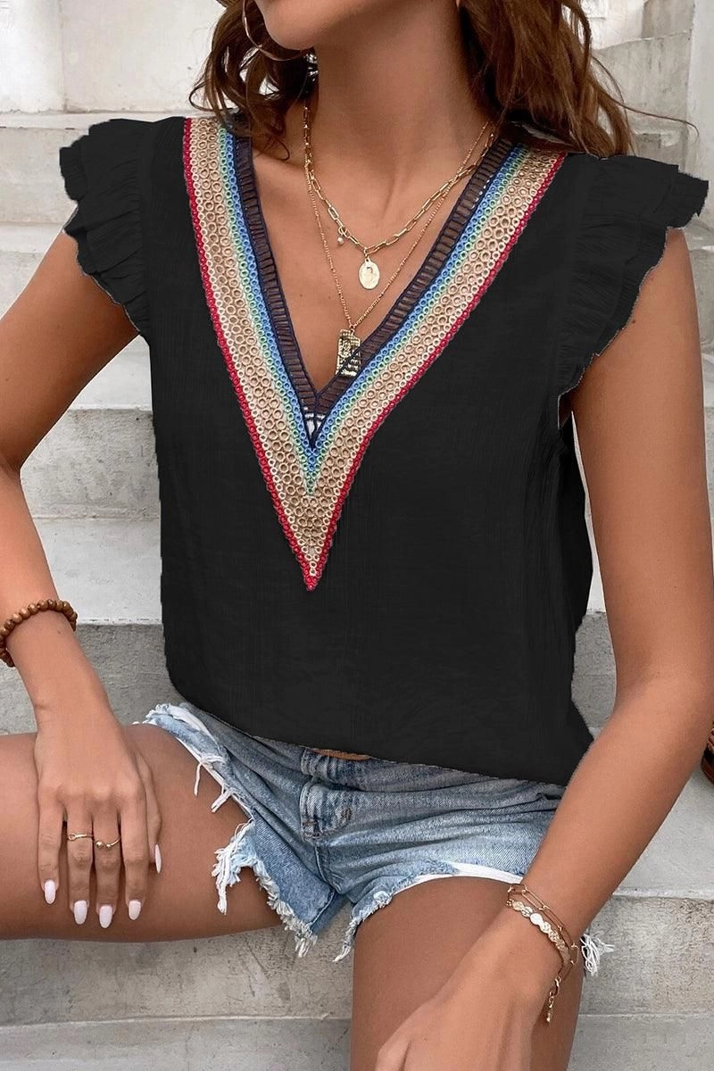 MULTICOLOR LACE V NECK RUFFLE SHORT SLEEVE TOP Wrinkle resistant fabric Hidden Zipper Closure