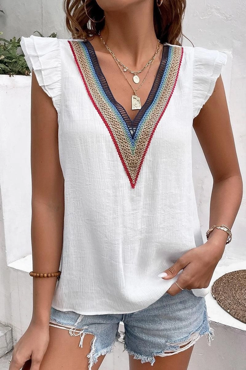 MULTICOLOR LACE V NECK RUFFLE SHORT SLEEVE TOP DoubleLayeredCollar FlatlockSeamTechnique