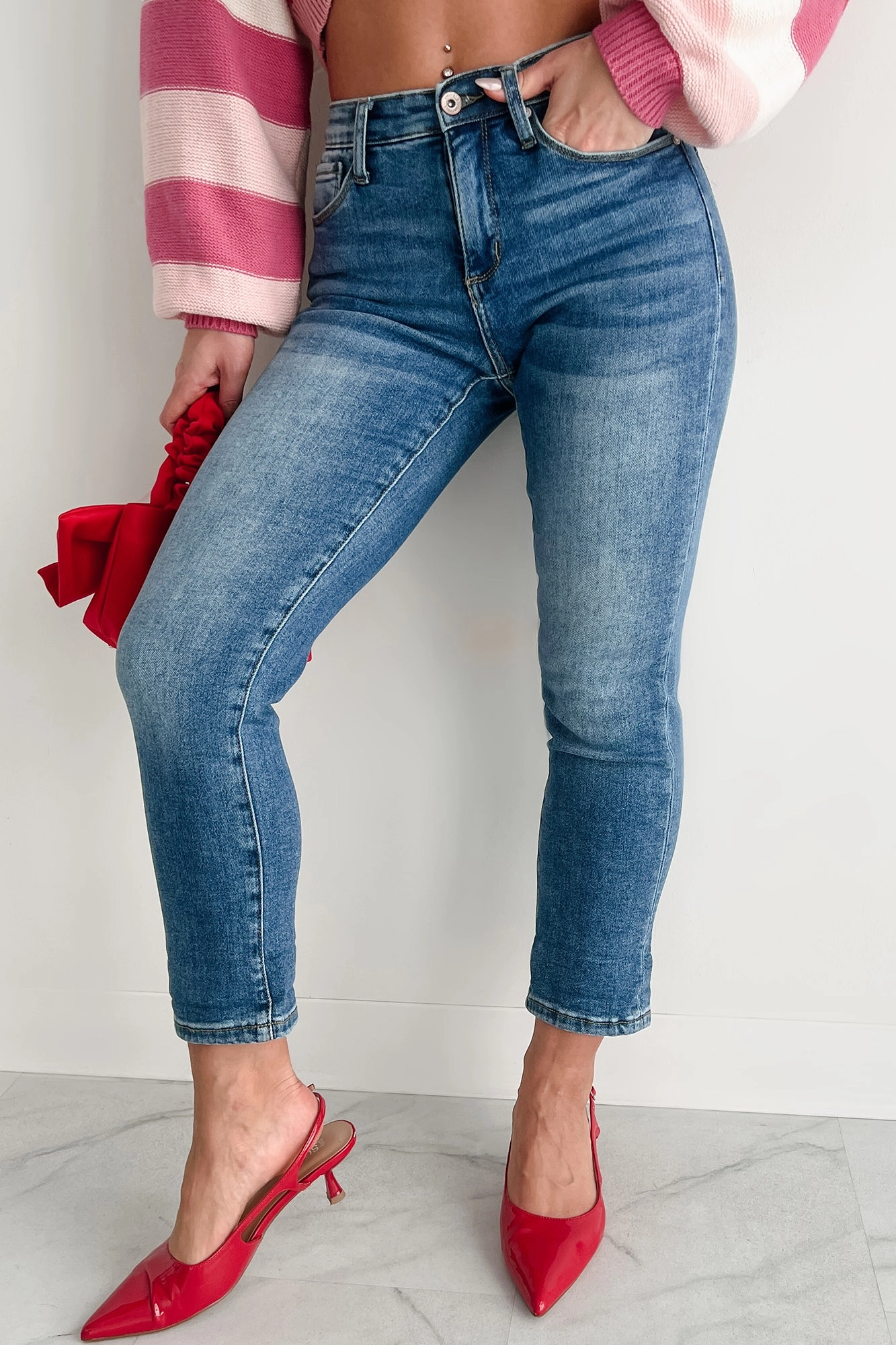 Ashley Mid Rise Tummy Control Special A Slim Boyfriend Jeans (Dark) ReflectiveTrims Smooth Seam Transition