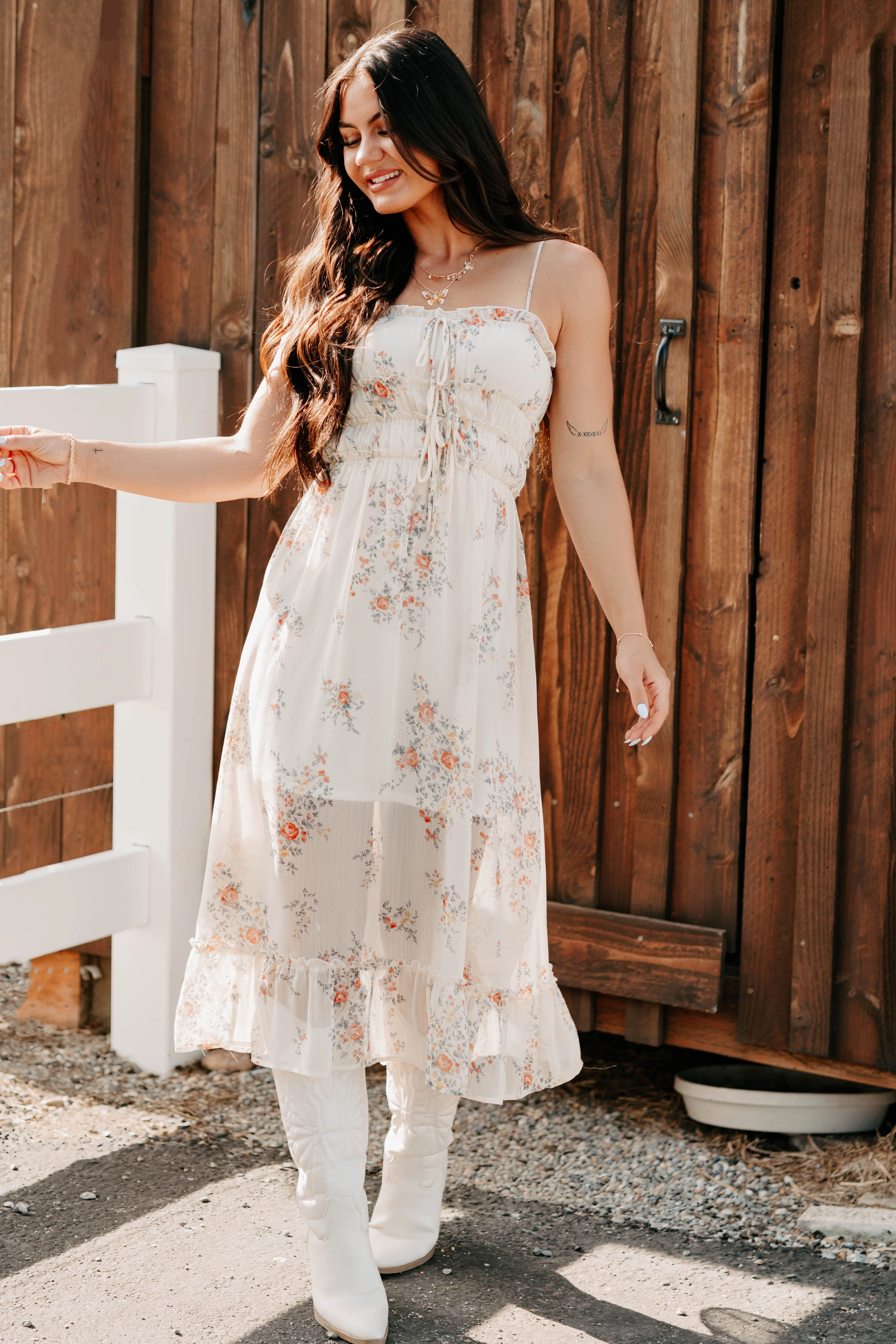 Hidden Zipper Peach Please Sleeveless Floral Midi Dress (Cream/Multi)