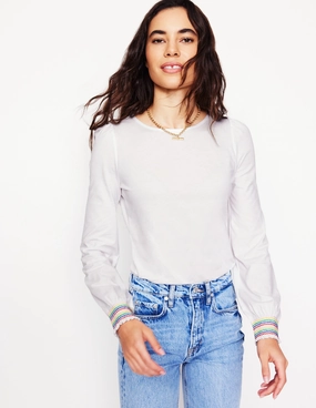 Smocked Cuff Supersoft Top-White Durable Overlock Stitch Basic Wardrobe