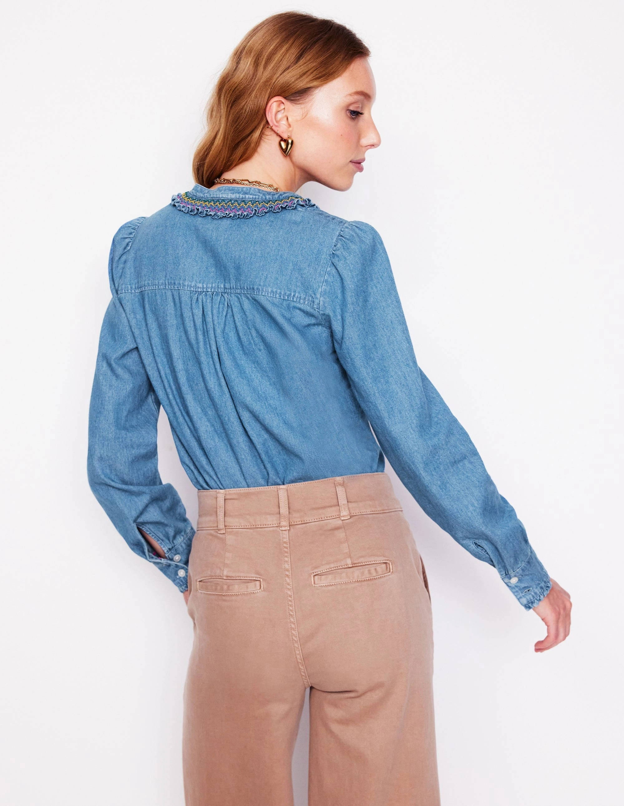 MeshLining FadeResistant Dye Smocked Neck Denim Shirt-Light Authentic