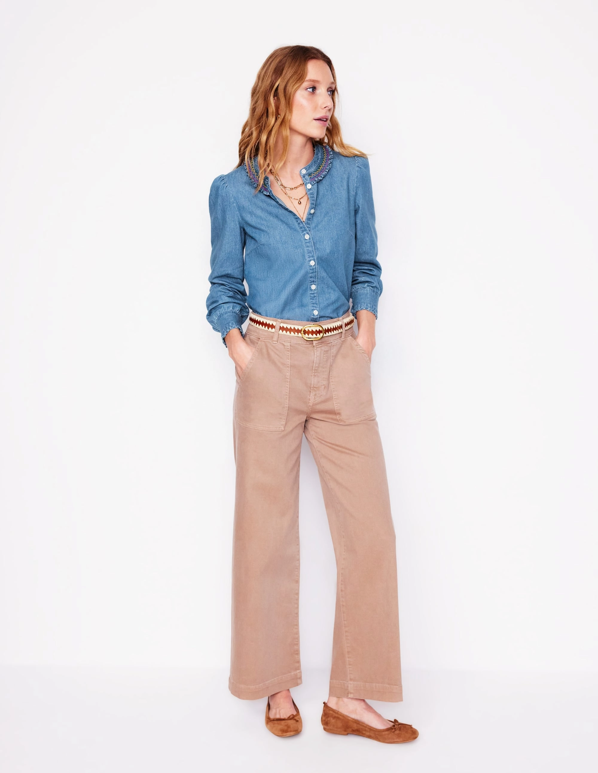 Smocked Neck Denim Shirt-Light Authentic Anti Pilling Technology Low Profile Collar