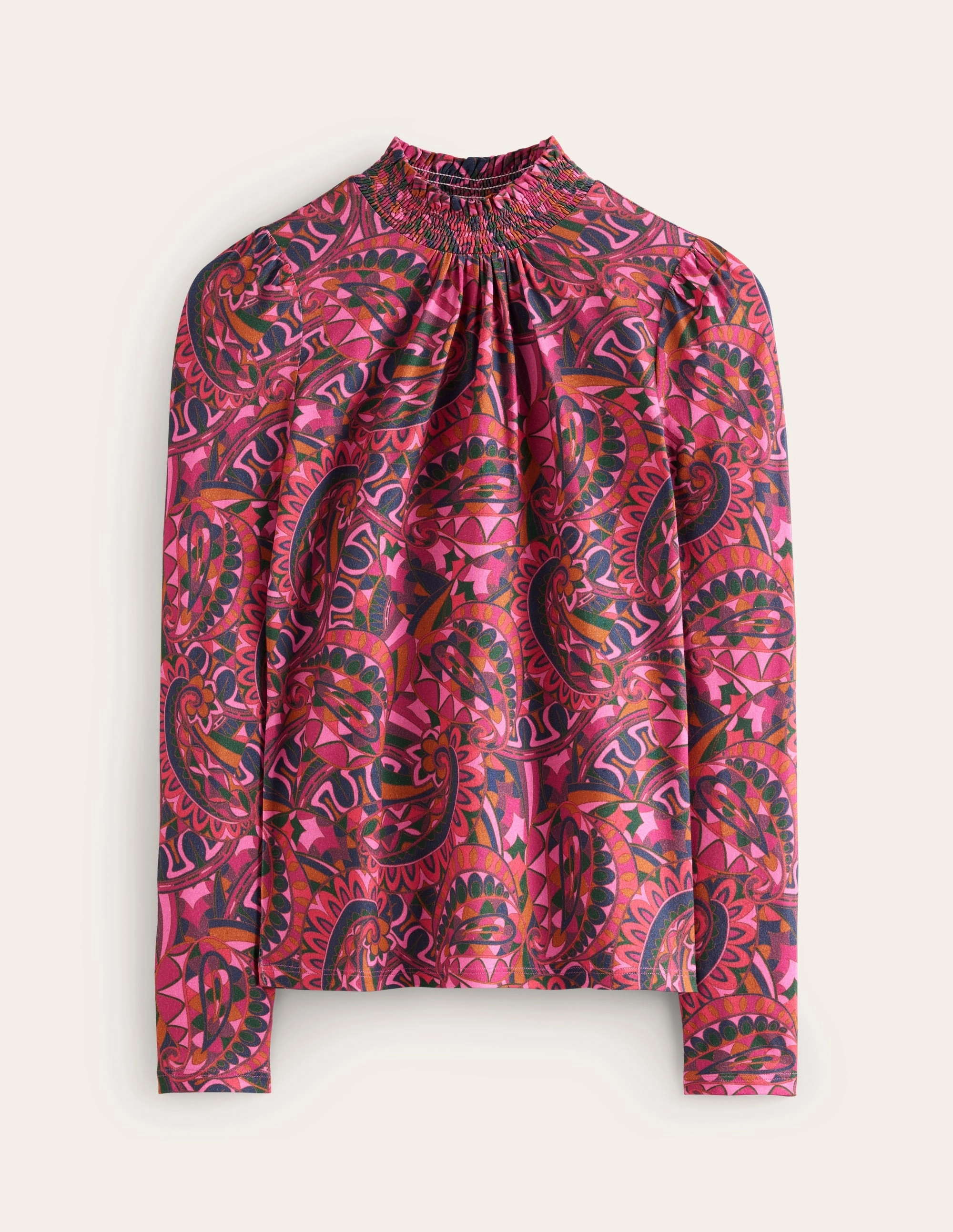 PortableOption Smocked Neck Printed Top-Jam, Kaleidoscopic Paisley