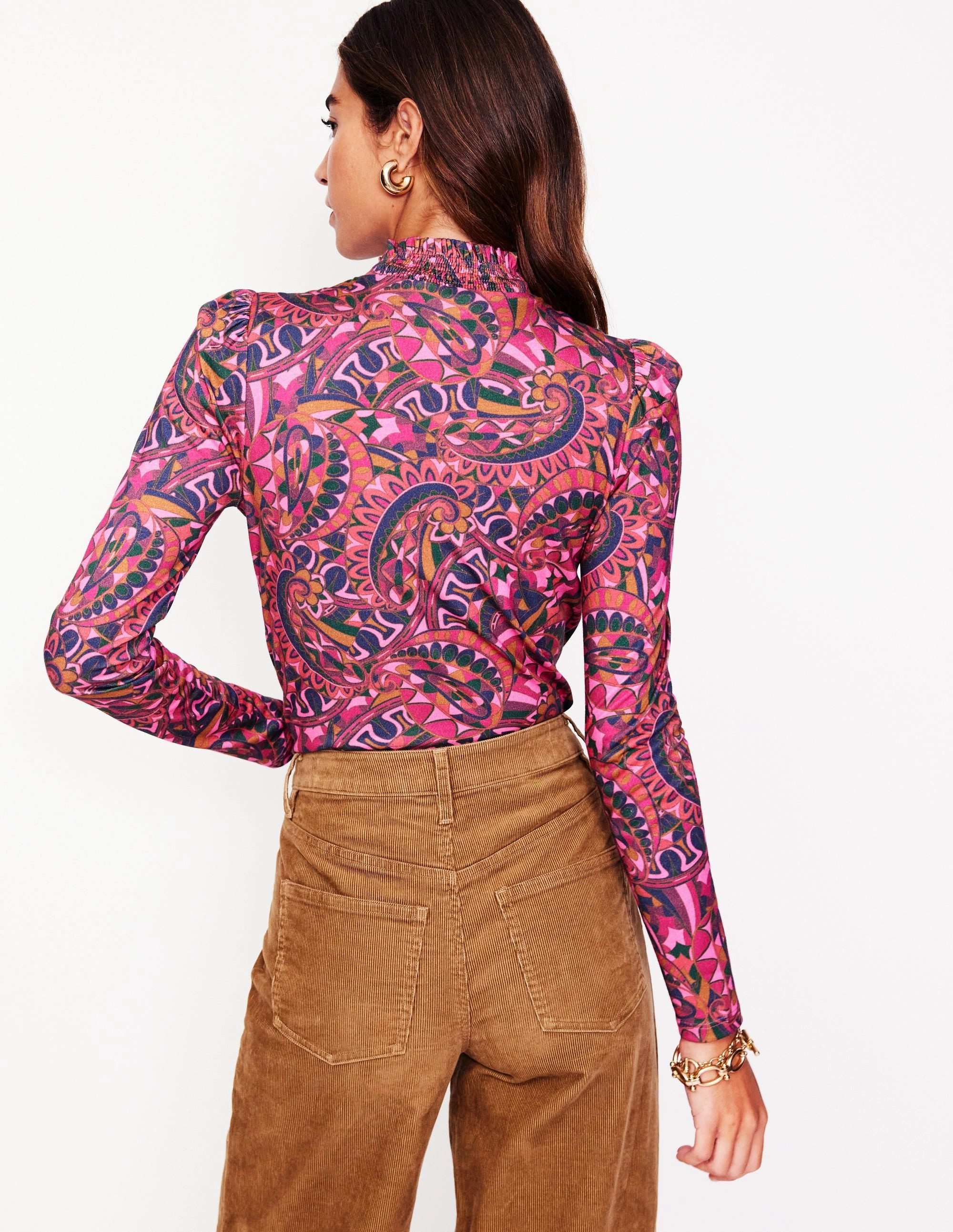 Smocked Neck Printed Top-Jam, Kaleidoscopic Paisley SeamlessConstruction simple design