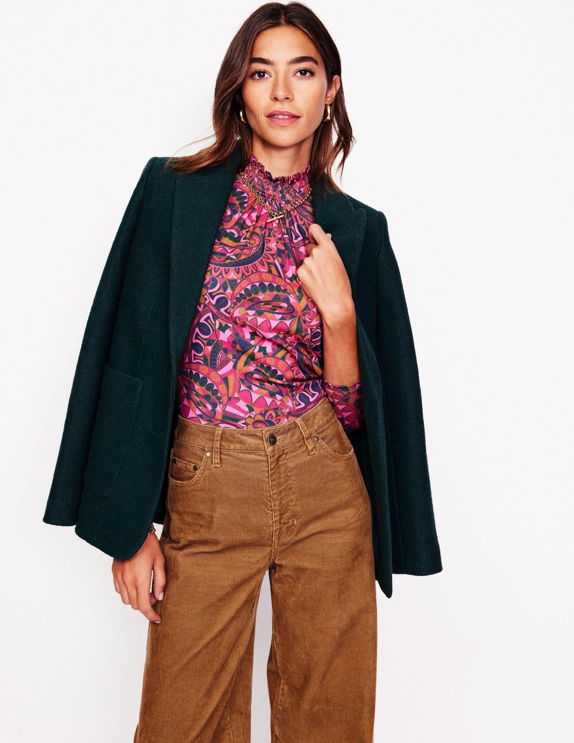 Textured Weave Odor Neutralizing Technology Smocked Neck Printed Top-Jam, Kaleidoscopic Paisley