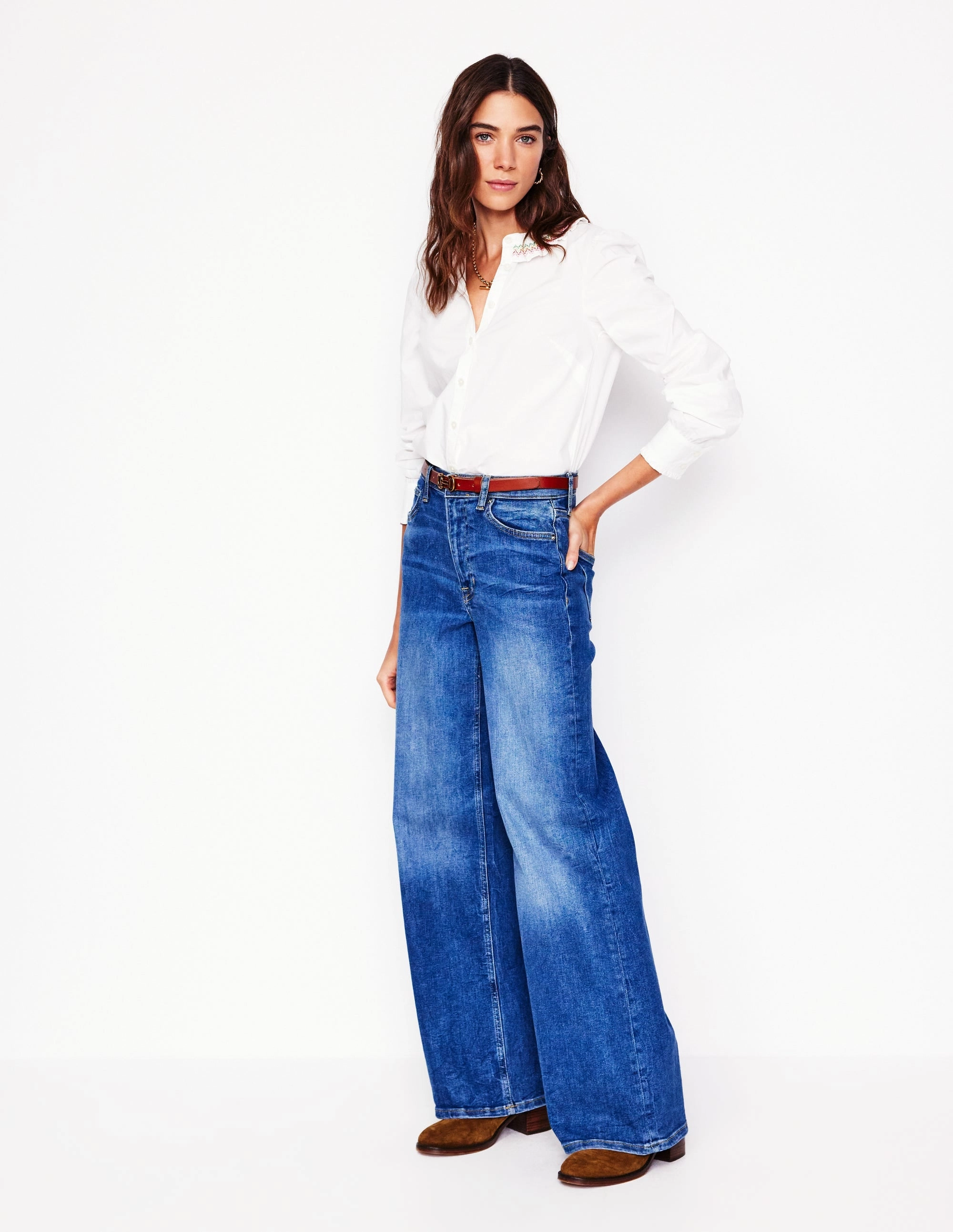 Smocked Neck Shirt-White, Multi Stitching ReflectiveDetails