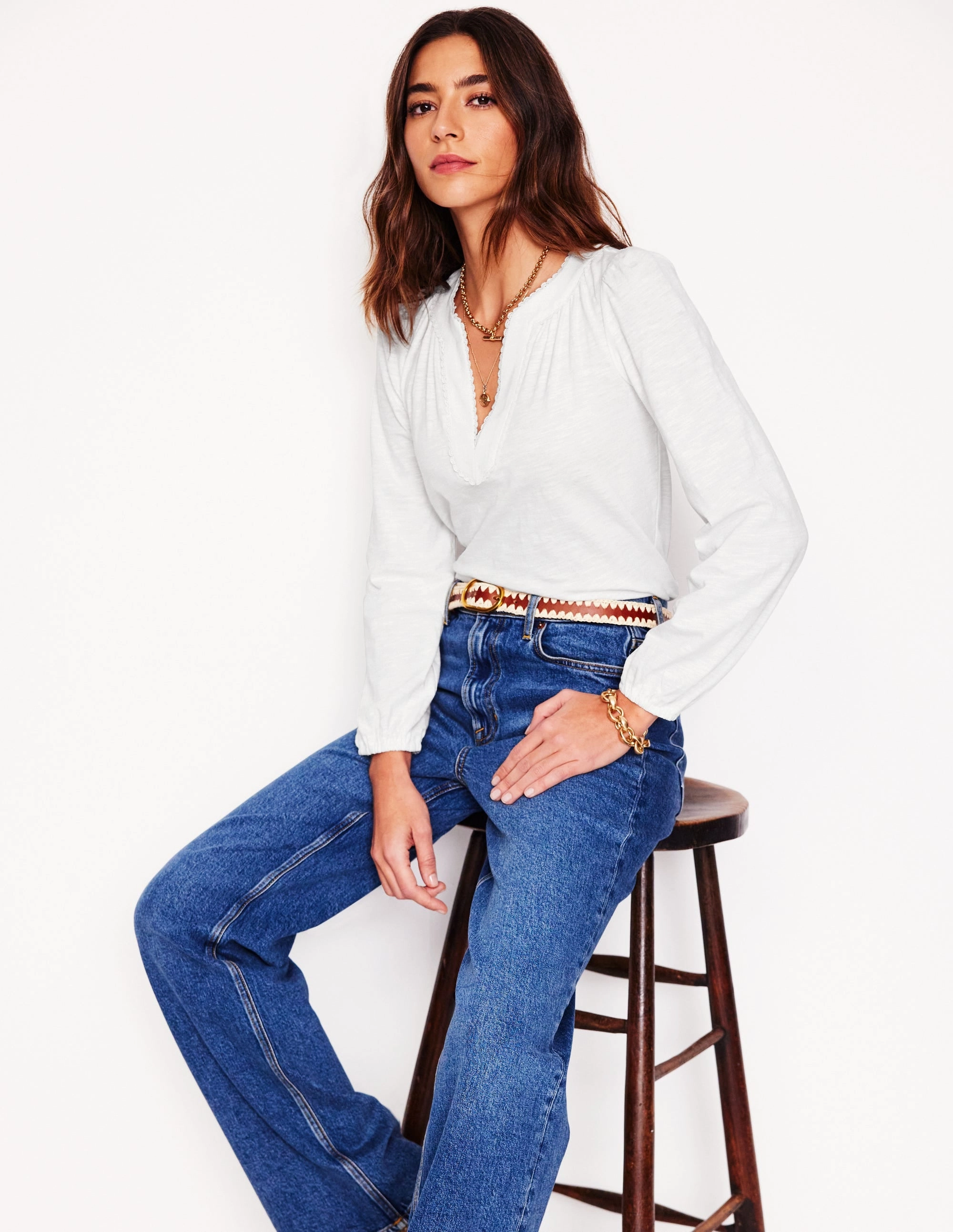 Ava Long Sleeve Trim Top-White Casual Long Sleeve