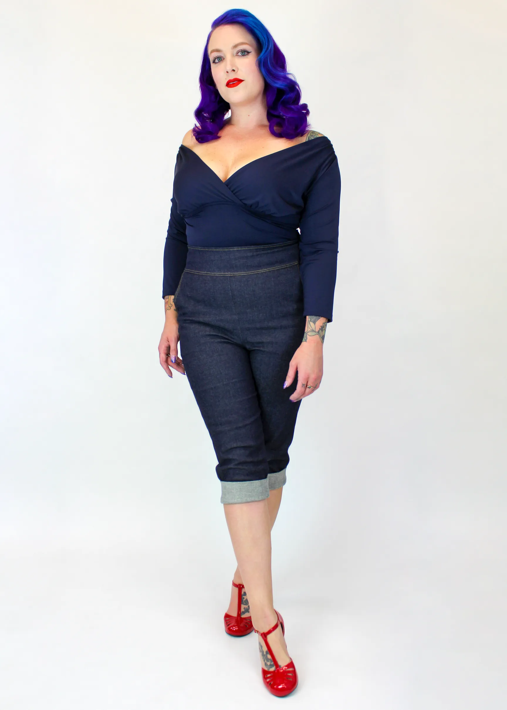 Adjustable Fit Performance Fit Denim Pin Up High Waist Capri Pants #HC-DF