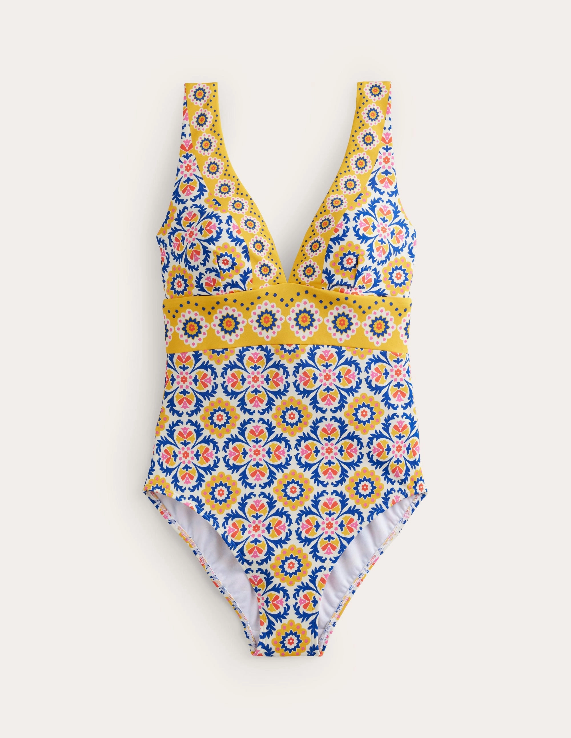 Anti Fade Material Non Irritating Stitching Porto V-Neck Swimsuit-Artisan Gold, Mosaic Tile