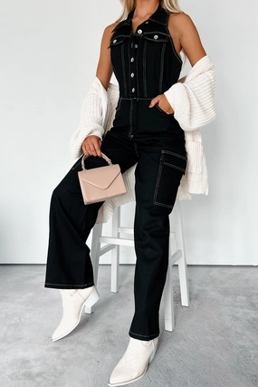 Social Call Denim Halter Cargo Jumpsuit (Black) Color-Blocked