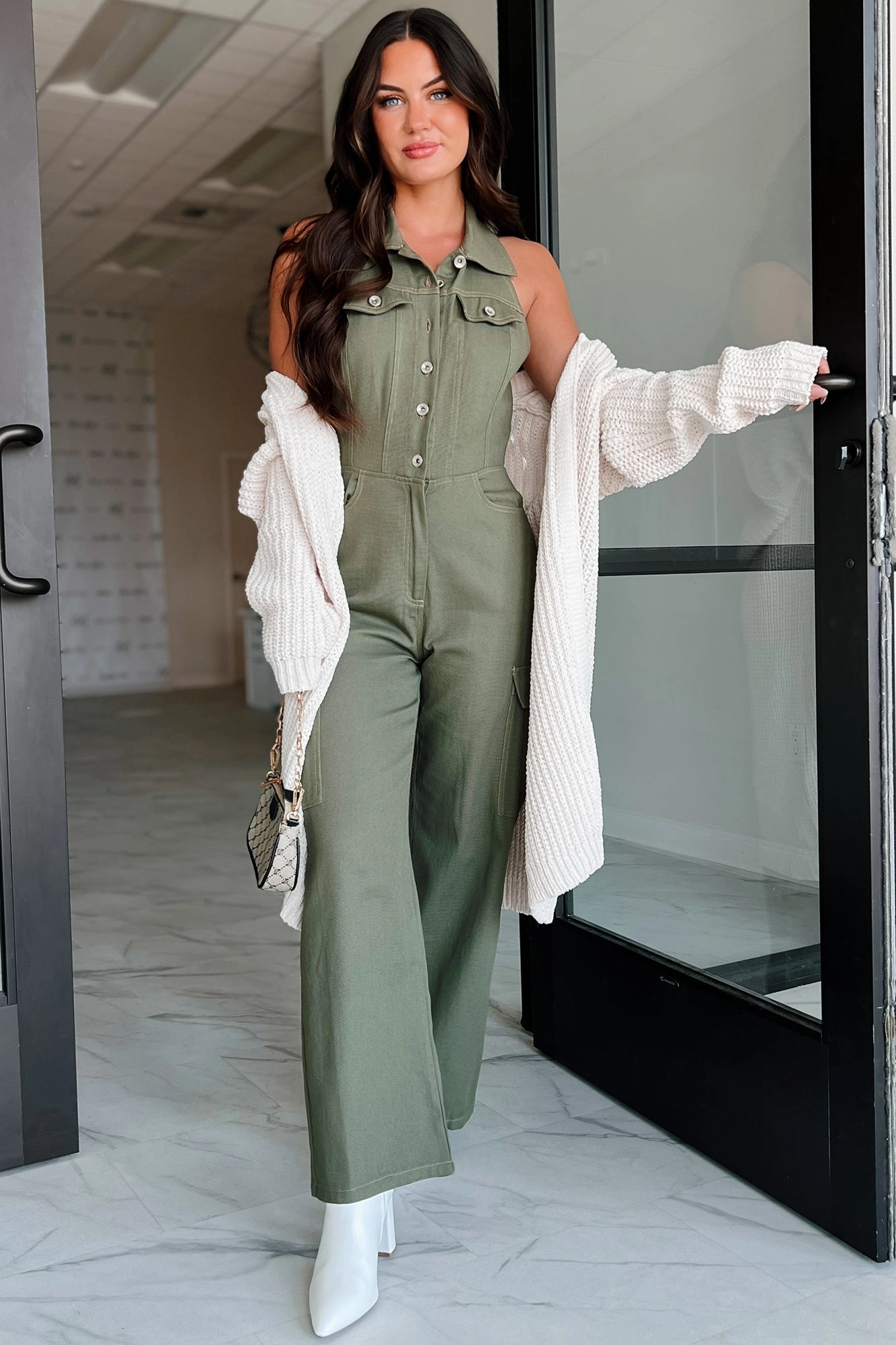 Social Call Denim Halter Cargo Jumpsuit (Olive) MultiPanelDesign