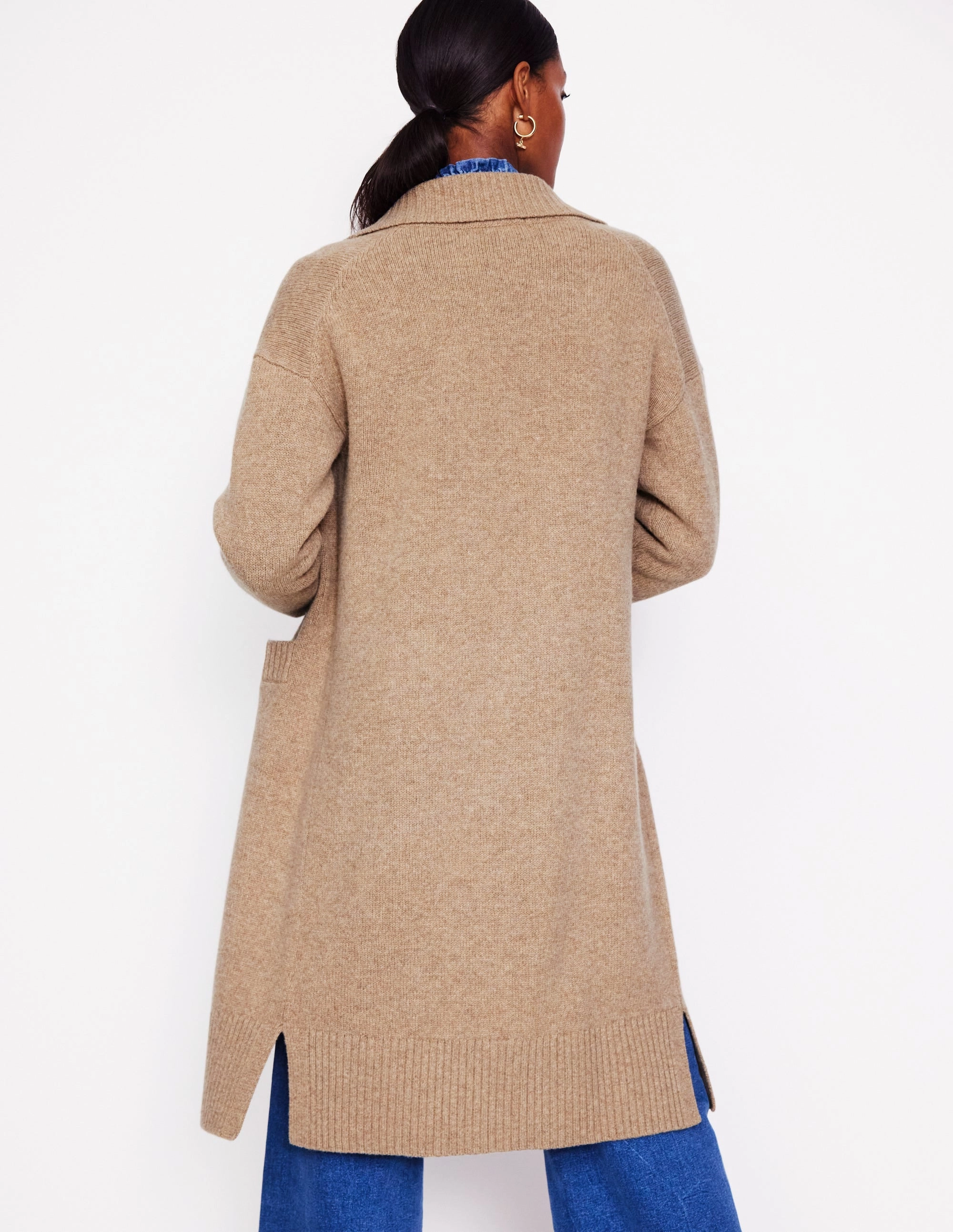 Longline Merino Cardigan-Oatmeal Melange Worn In