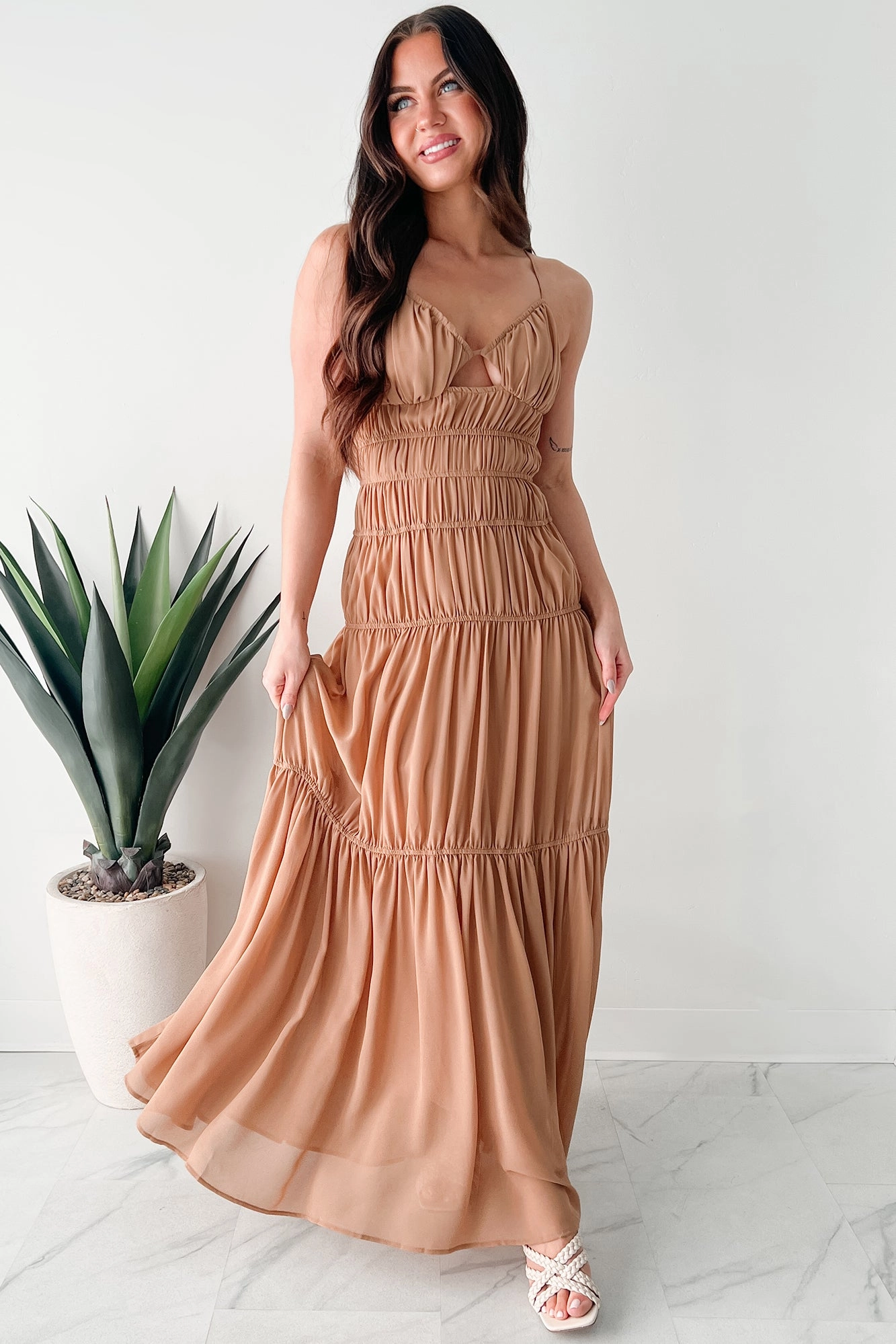 Strolling In Sicily Ruched Maxi Dress (Tan) knee-length