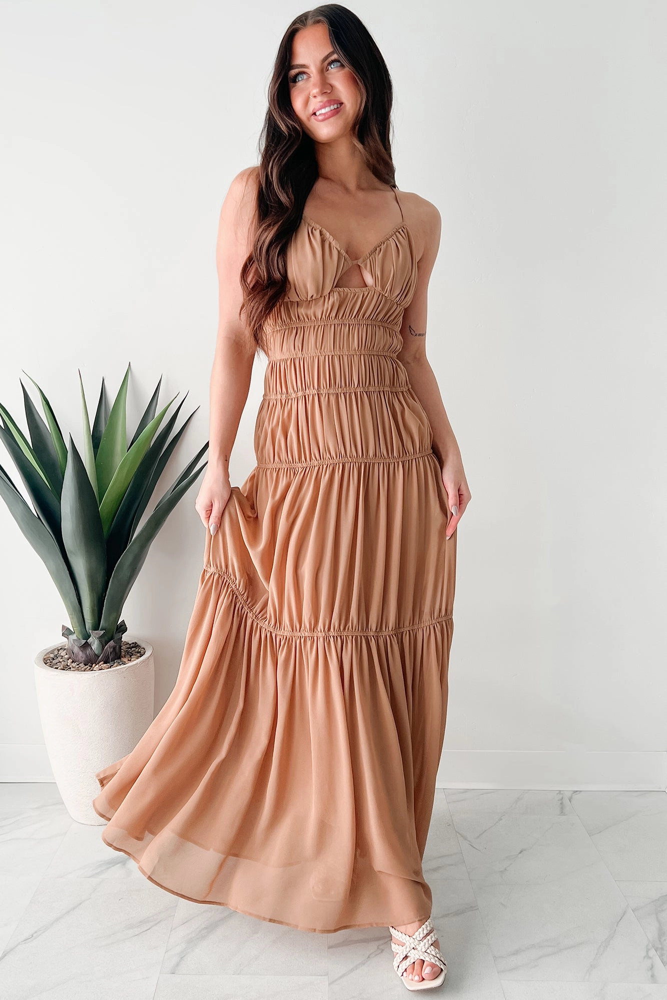 Strolling In Sicily Ruched Maxi Dress (Tan) Nordic Calm Silky-Feel