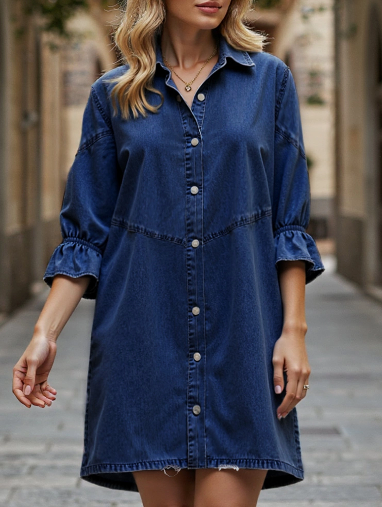 BreathableFabric Single-row multi-button denim dress