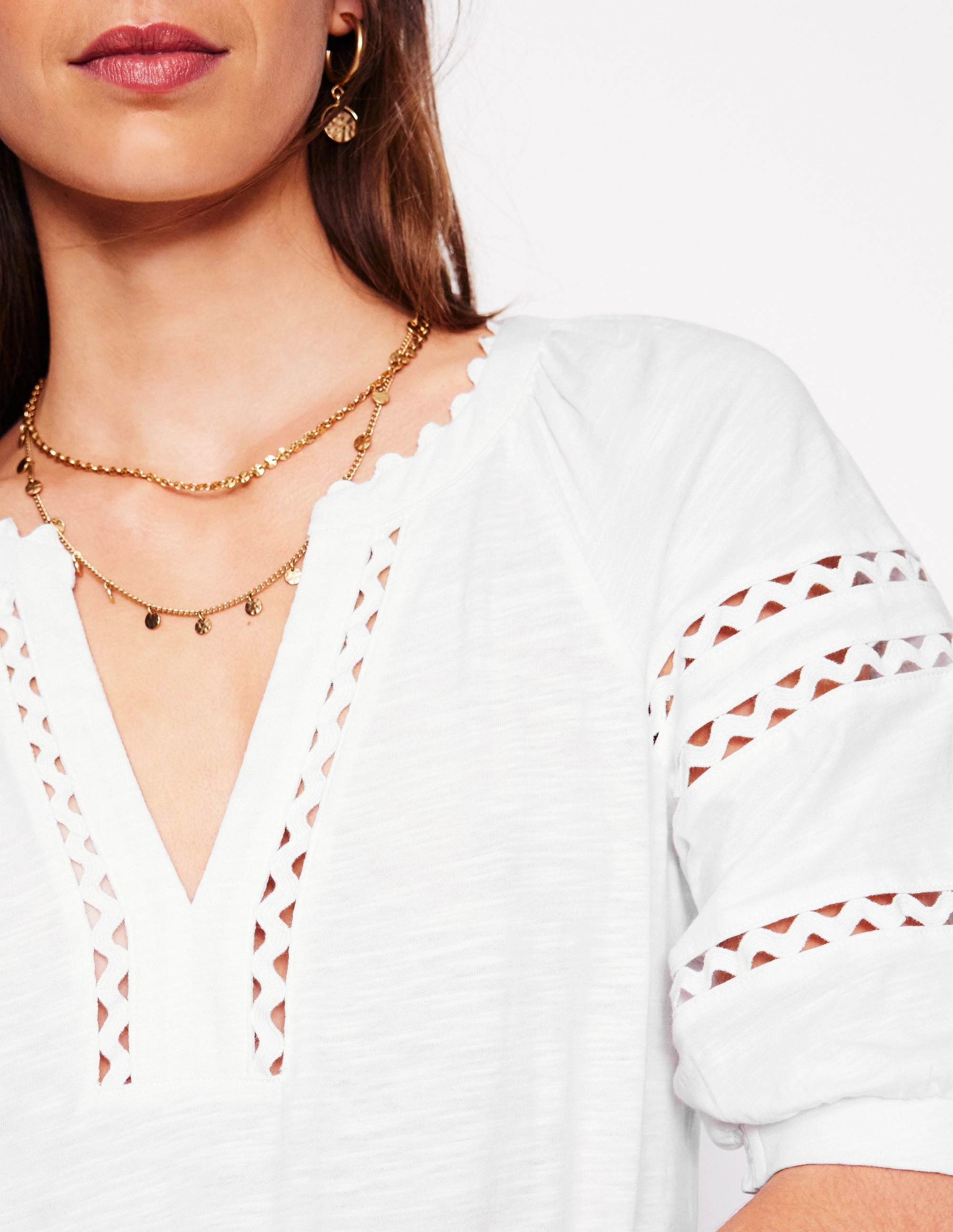 Ergonomic Shoulder Shape Layered Ply Construction Maisy Rikrak Trim Top-White