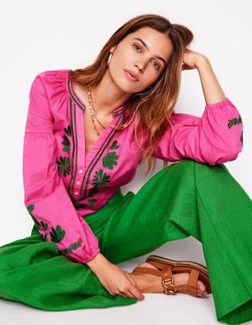 Recycled Fiber Blend Raglan Embroidered Cotton Top-Sorbet Pink