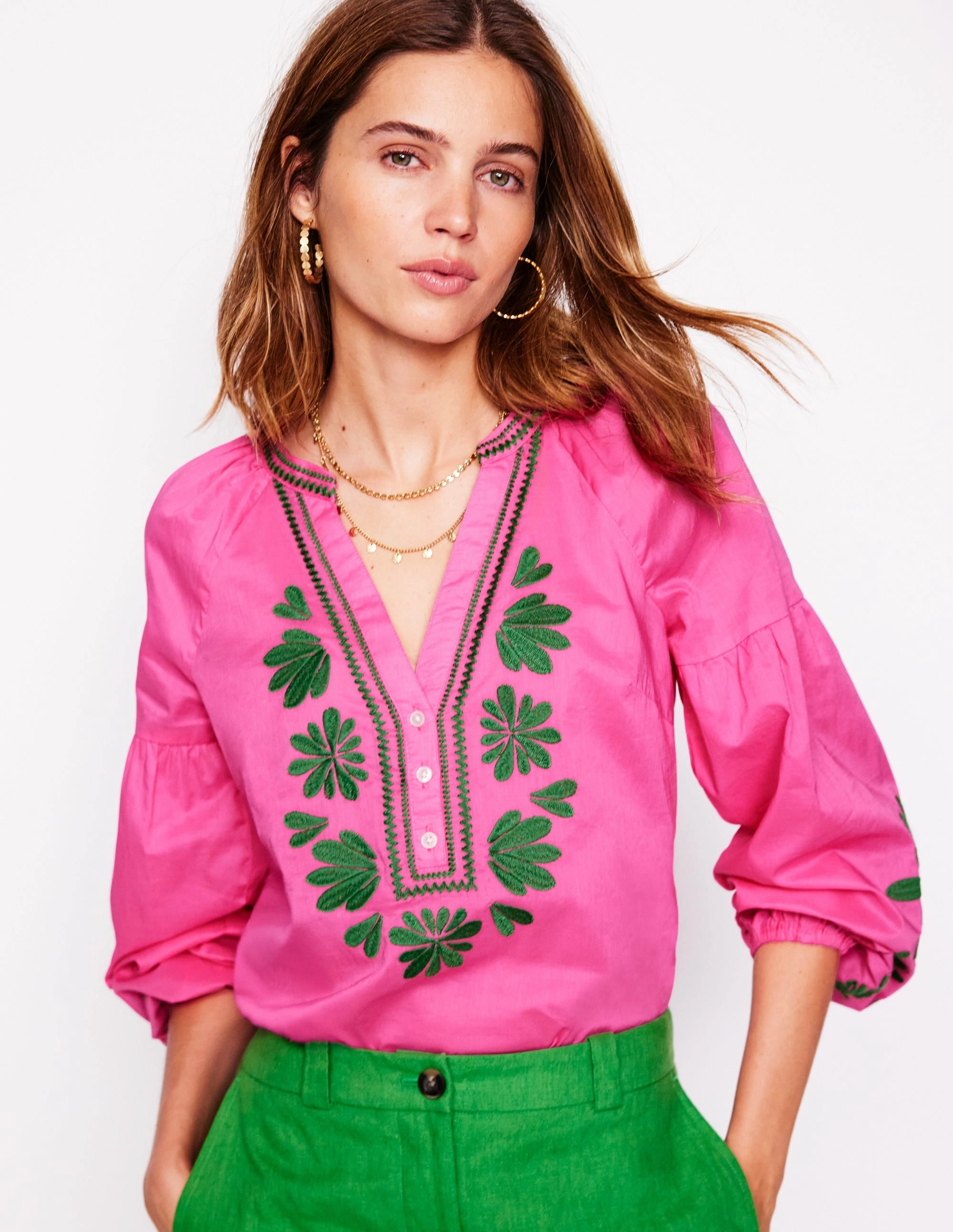 Quick Access Slit Raglan Embroidered Cotton Top-Sorbet Pink