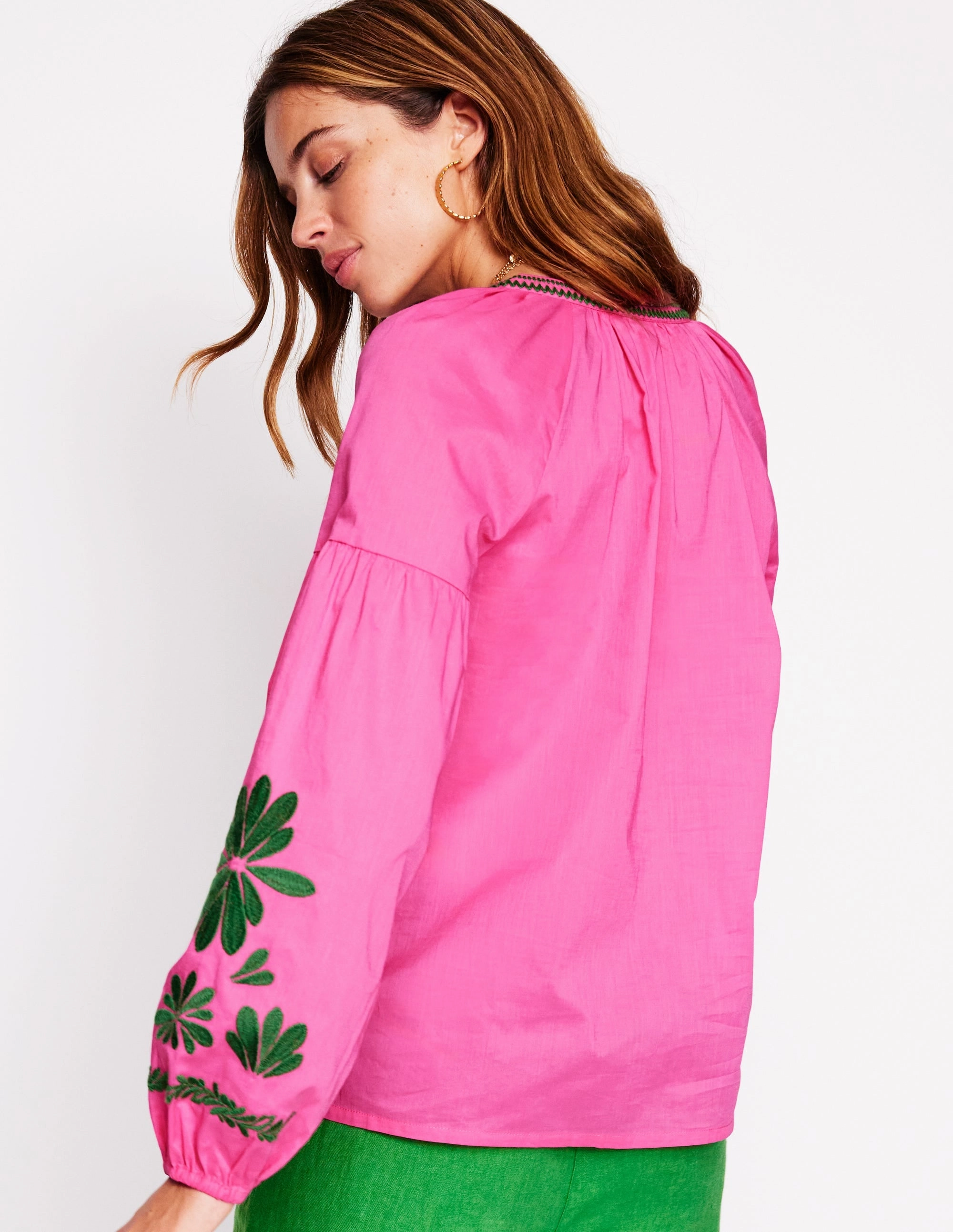Raglan Embroidered Cotton Top-Sorbet Pink Office Attire