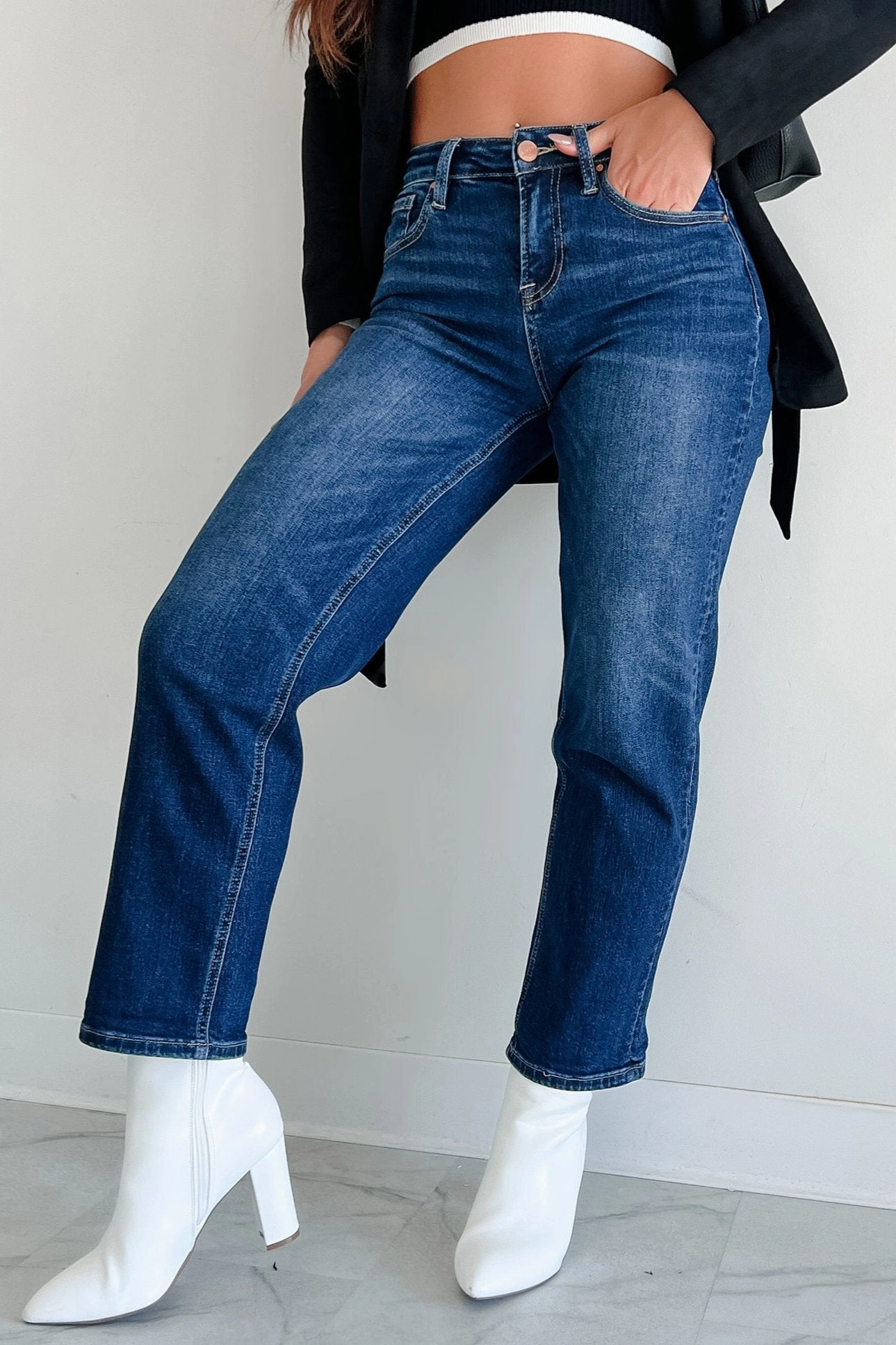 Quick Dry Performance Layered Ply Construction Minden High Rise Risen Boyfriend Jeans (Dark)