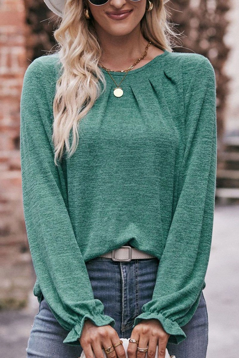 WOMEN OVERSIZED LOOSE FIT SHIRRED PULLOVER TOP Interlock Knit Four Way Stretch Material