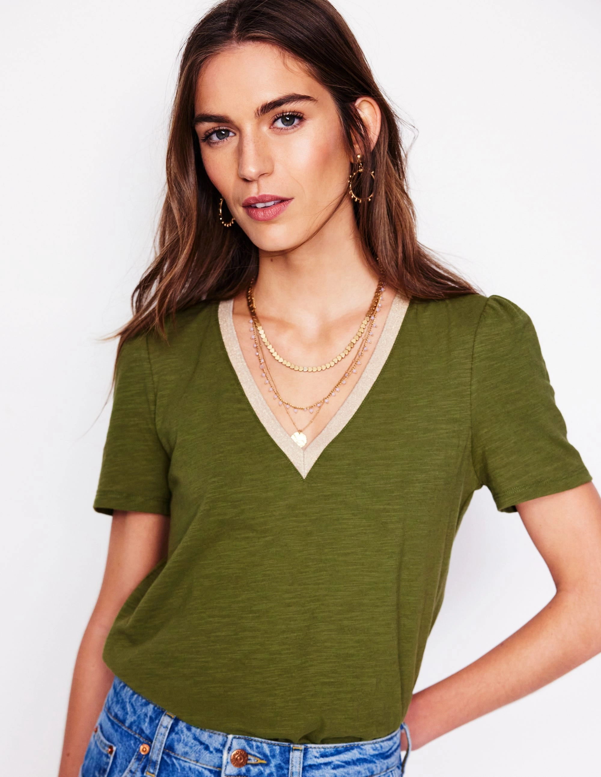 Metallic Trim V Neck T-shirt-Mayfly ColorfastMaterial