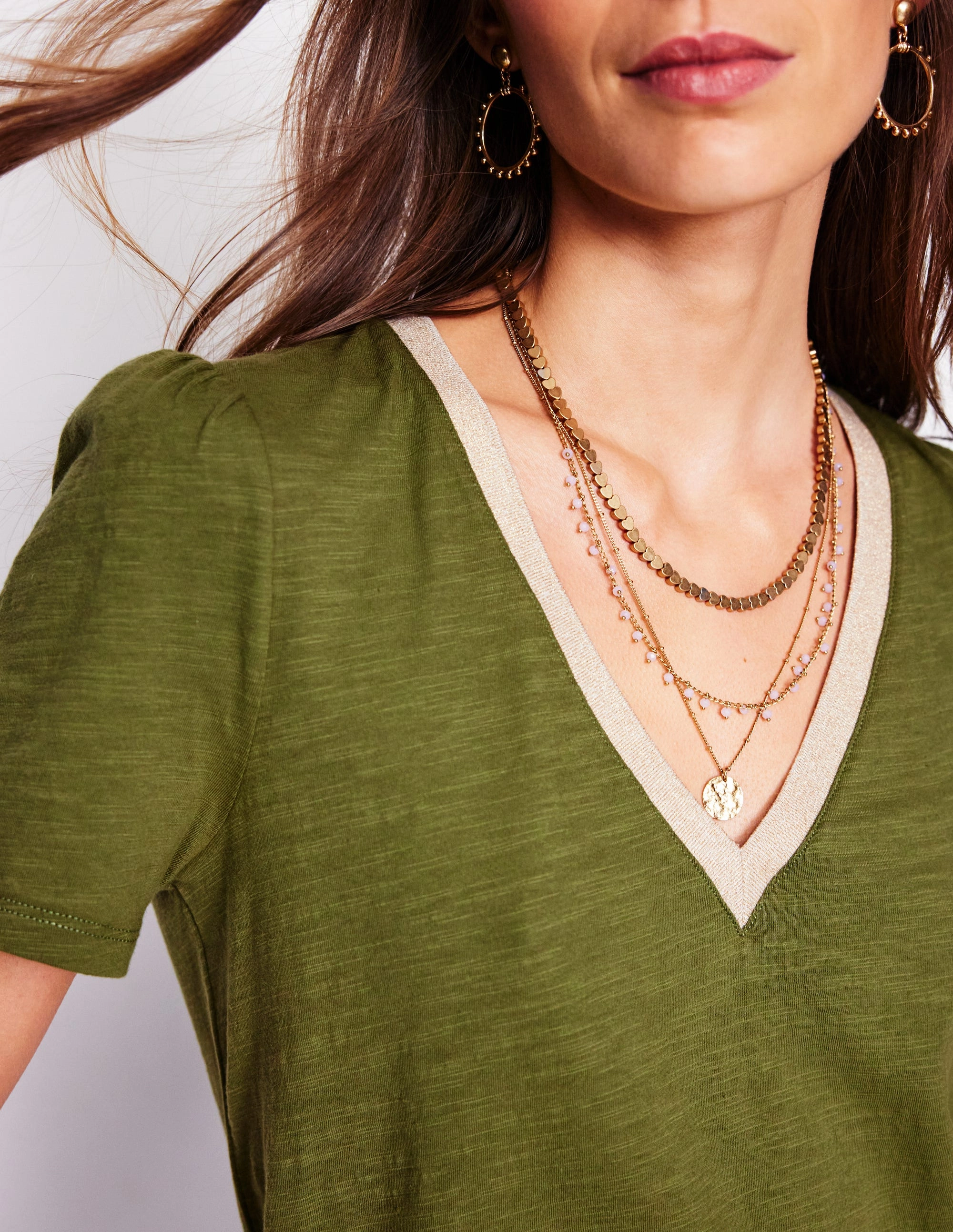 TwoToneEffect Cozy Knit Metallic Trim V Neck T-shirt-Mayfly